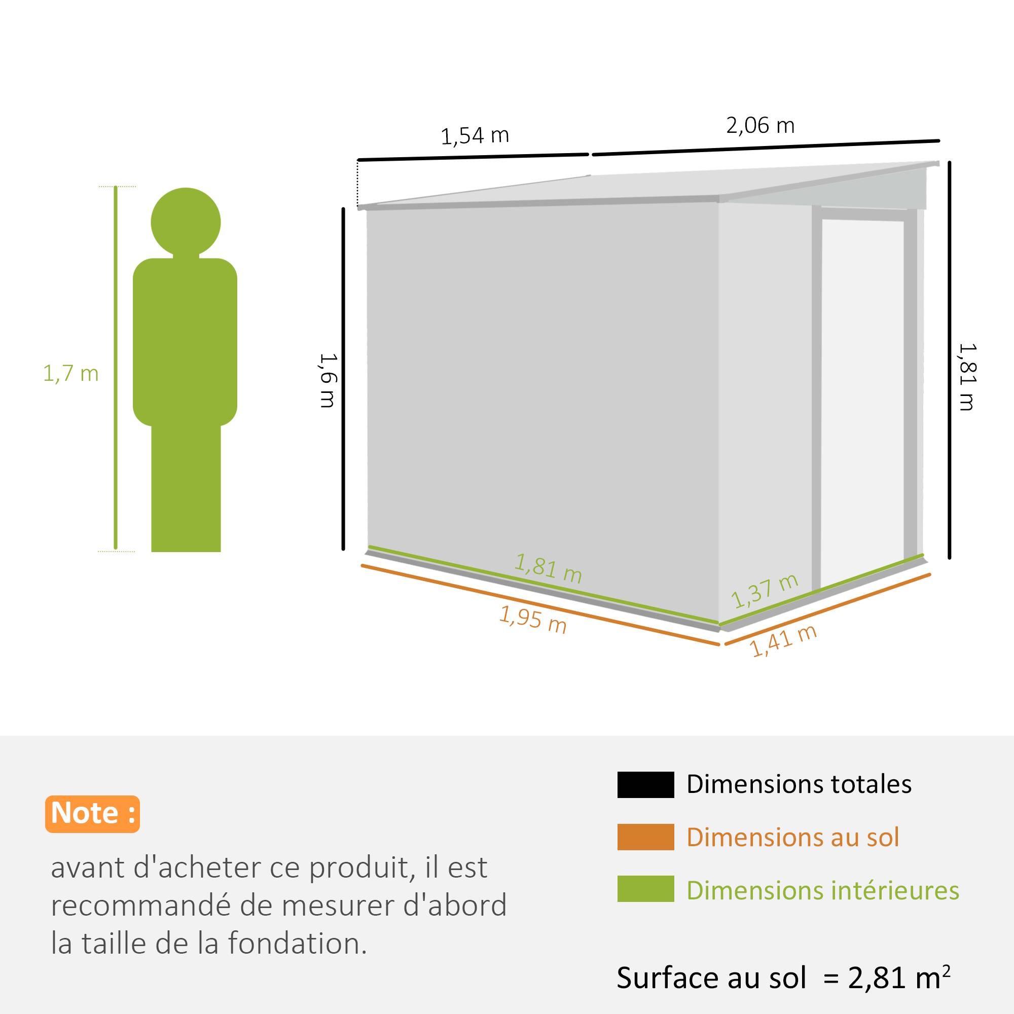 Sans Marque - Abri de jardin 2,81 m² avec fondation, abri à outils extérieur adossé en acier galvanisé, 154x206,5x181cm, gris foncé - Image 5