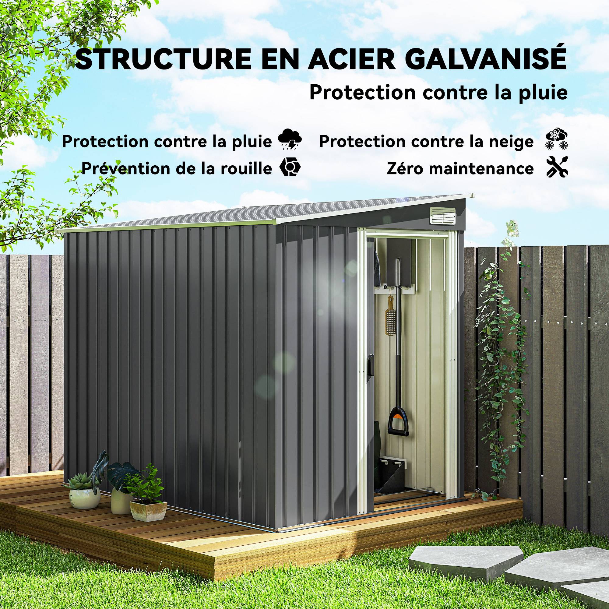 Sans Marque - Abri de jardin 2,81 m² avec fondation, abri à outils extérieur adossé en acier galvanisé, 154x206,5x181cm, gris foncé - Image 6