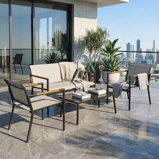 Salon de Jardin 4 Pièces en Textilène, Canapé, 2 Fauteuils, Table Basse avec Plateau en Métal, 106x70,5x77cm, Crème - Image 3
