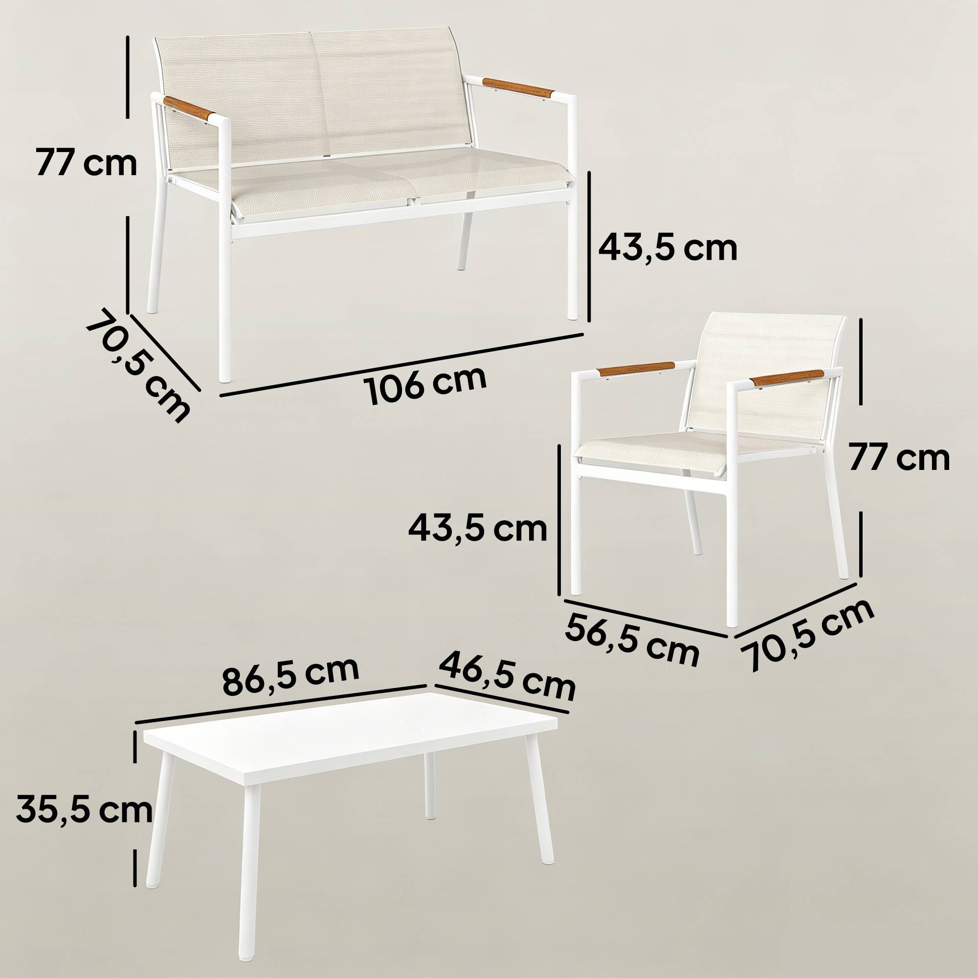 Salon de Jardin 4 Pièces en Textilène, Canapé, 2 Fauteuils, Table Basse avec Plateau en Métal, 106x70,5x77cm, Crème - Image 5