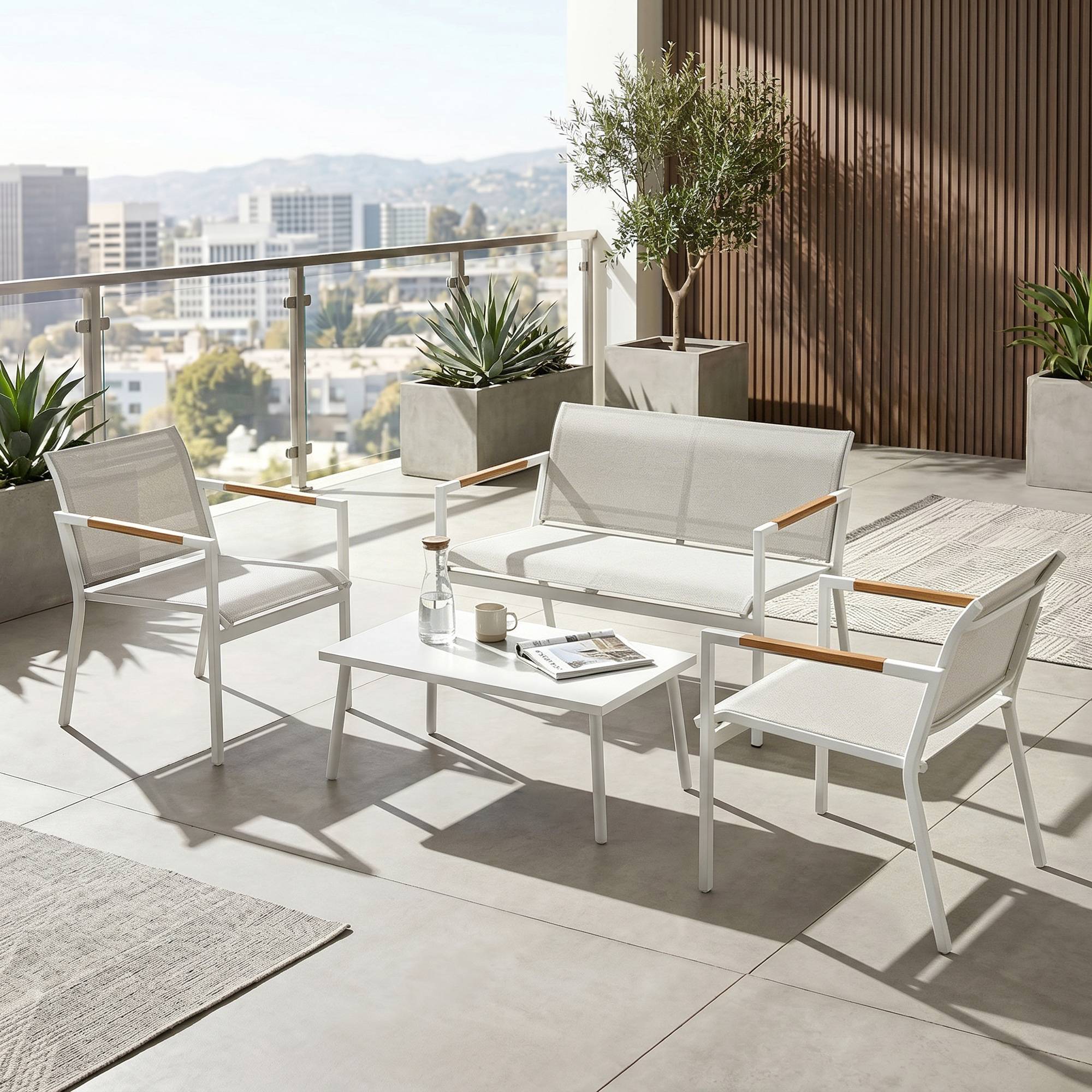 Salon de Jardin 4 Pièces en Textilène, Canapé, 2 Fauteuils, Table Basse avec Plateau en Métal, 106x70,5x77cm, Crème - Image 4