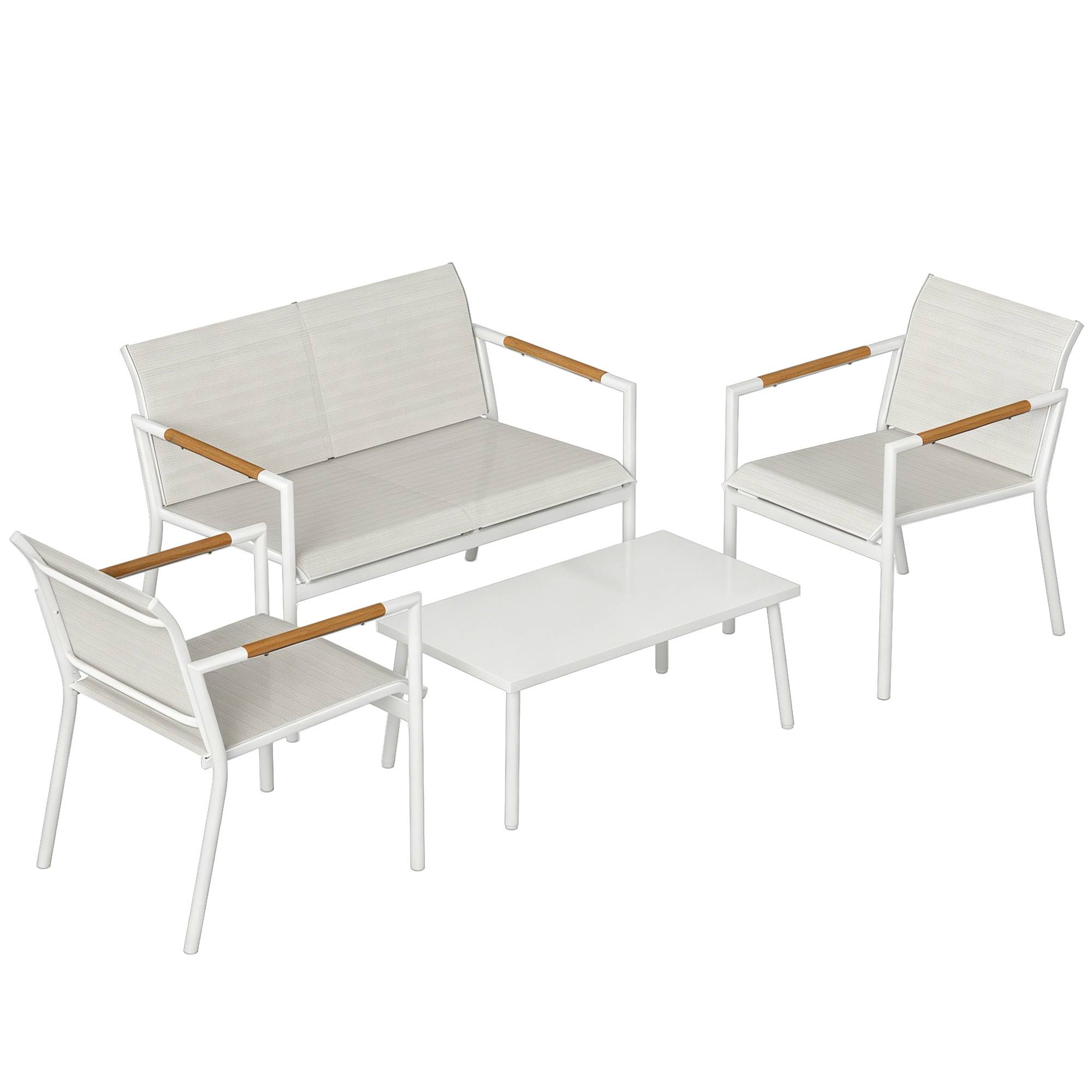 Salon de Jardin 4 Pièces en Textilène, Canapé, 2 Fauteuils, Table Basse avec Plateau en Métal, 106x70,5x77cm, Crème - Image 1