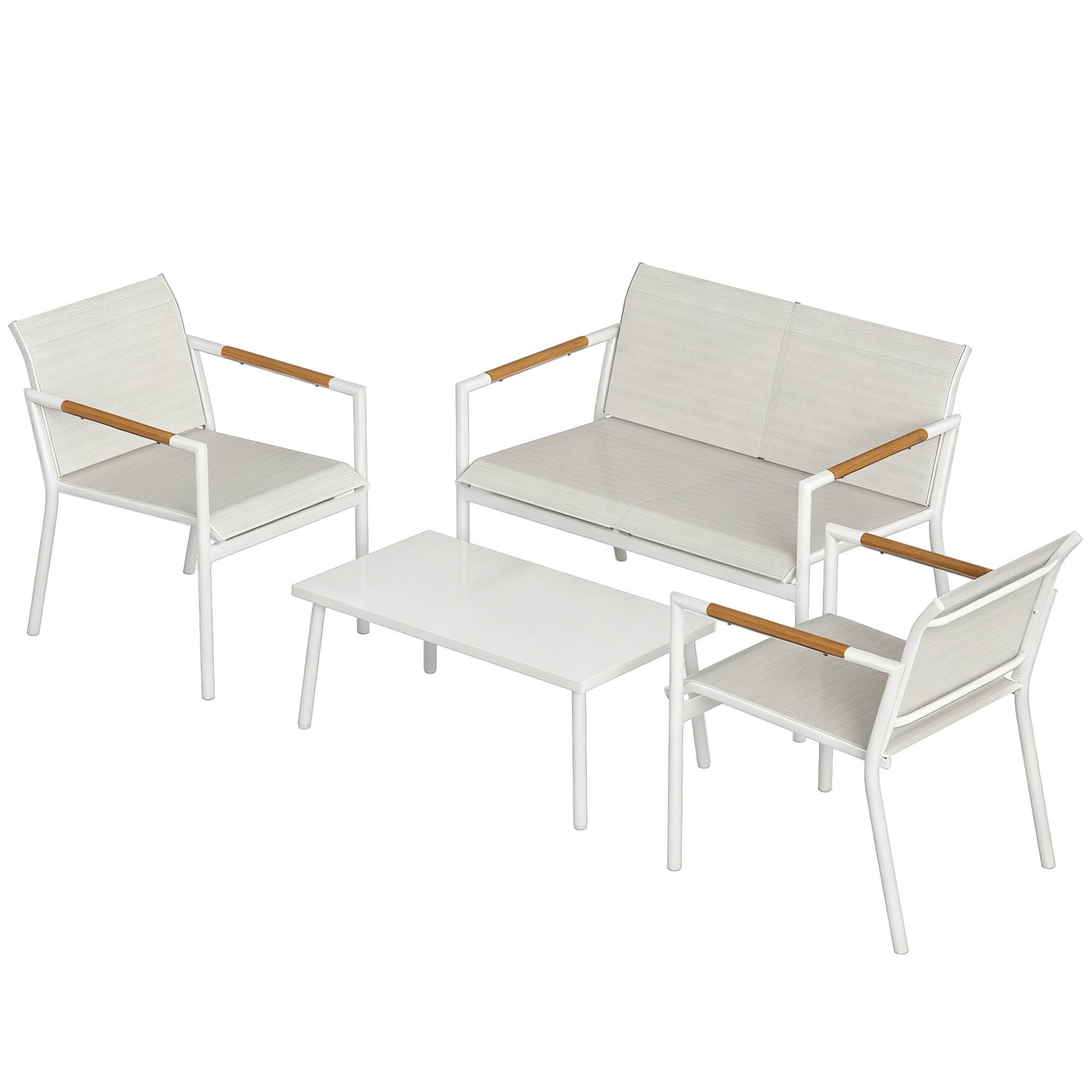 Salon de Jardin 4 Pièces en Textilène, Canapé, 2 Fauteuils, Table Basse avec Plateau en Métal, 106x70,5x77cm, Crème - Image 2