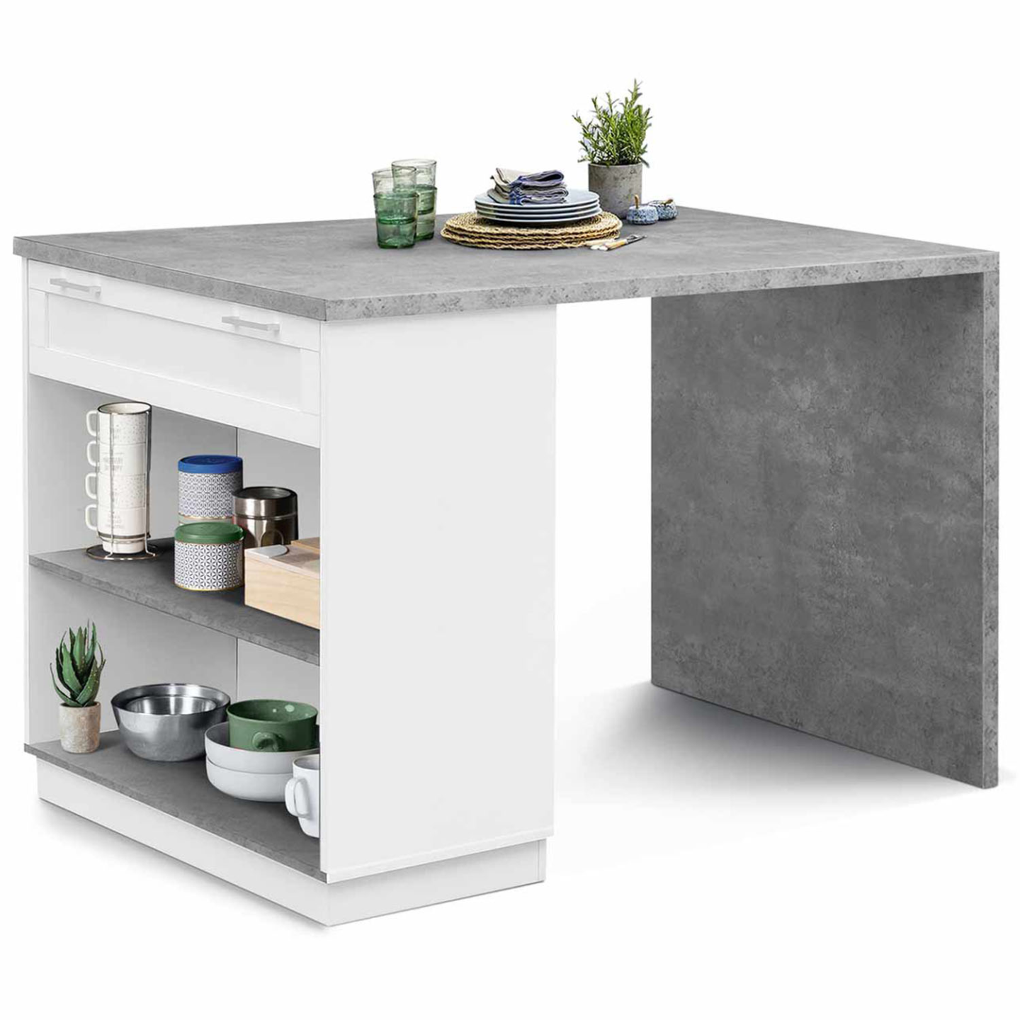 Ilot central mange debout 4 personnes VITO 130 cm blanc et plateau effet béton - Image 2