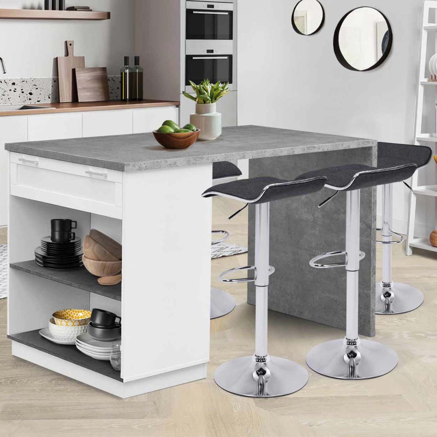 Ilot central mange debout 4 personnes VITO 130 cm blanc et plateau effet béton - Image 1