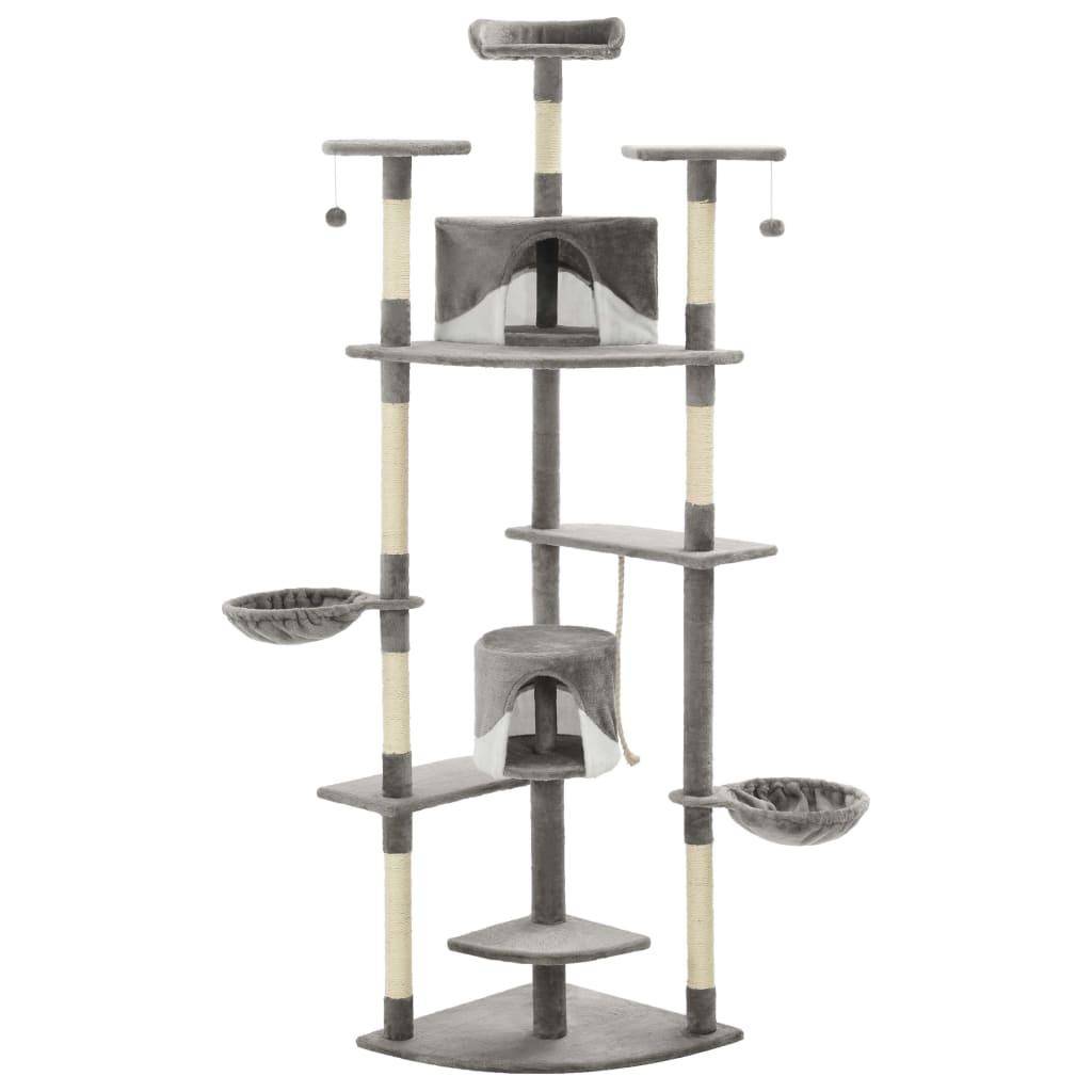 Helloshop26 - Arbre à chat griffoir grattoir niche jouet animaux peluché en sisal 203 cm gris et blanc - Image 1