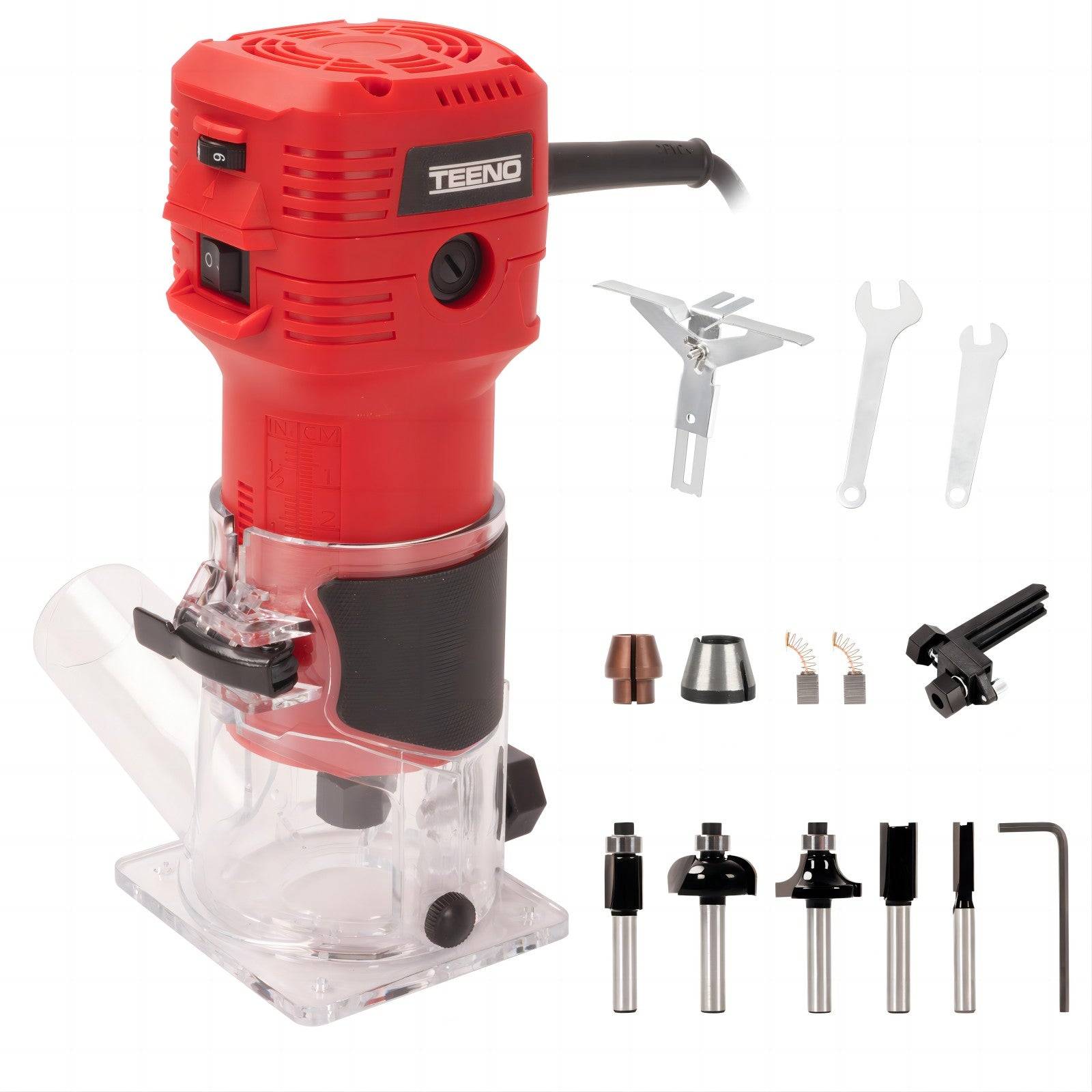 Affleureuse Électrique 650W 15000-32000 RPM Avec Housse Anti Poussière, Affleureuse à Bois Avec 5 Fraises Queue de 1/4", 6 Vitesses Variables, Base