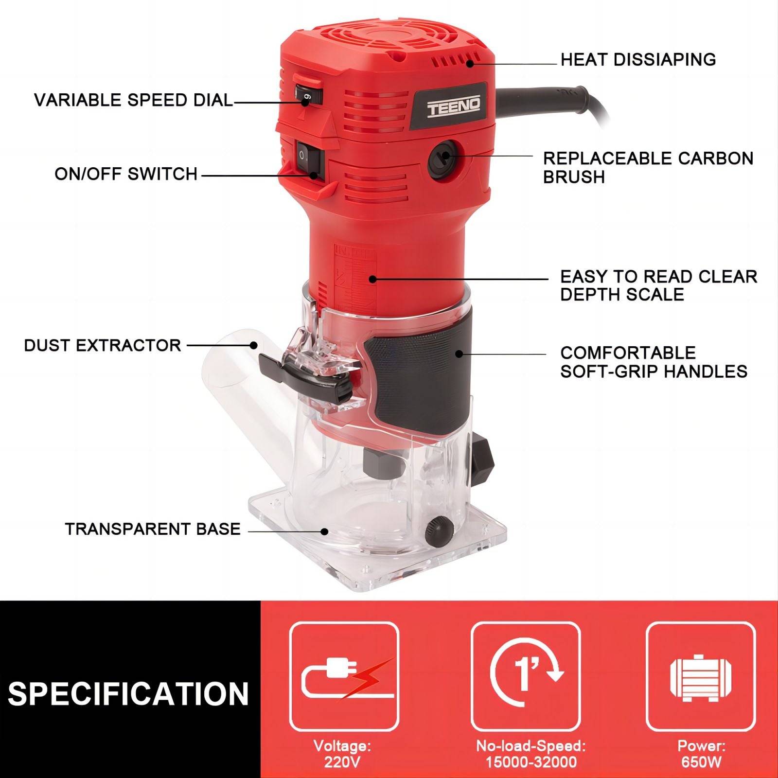 Affleureuse Électrique 650W 15000-32000 RPM Avec Housse Anti Poussière, Affleureuse à Bois Avec 5 Fraises Queue de 1/4", 6 Vitesses Variables, Base - Image 5