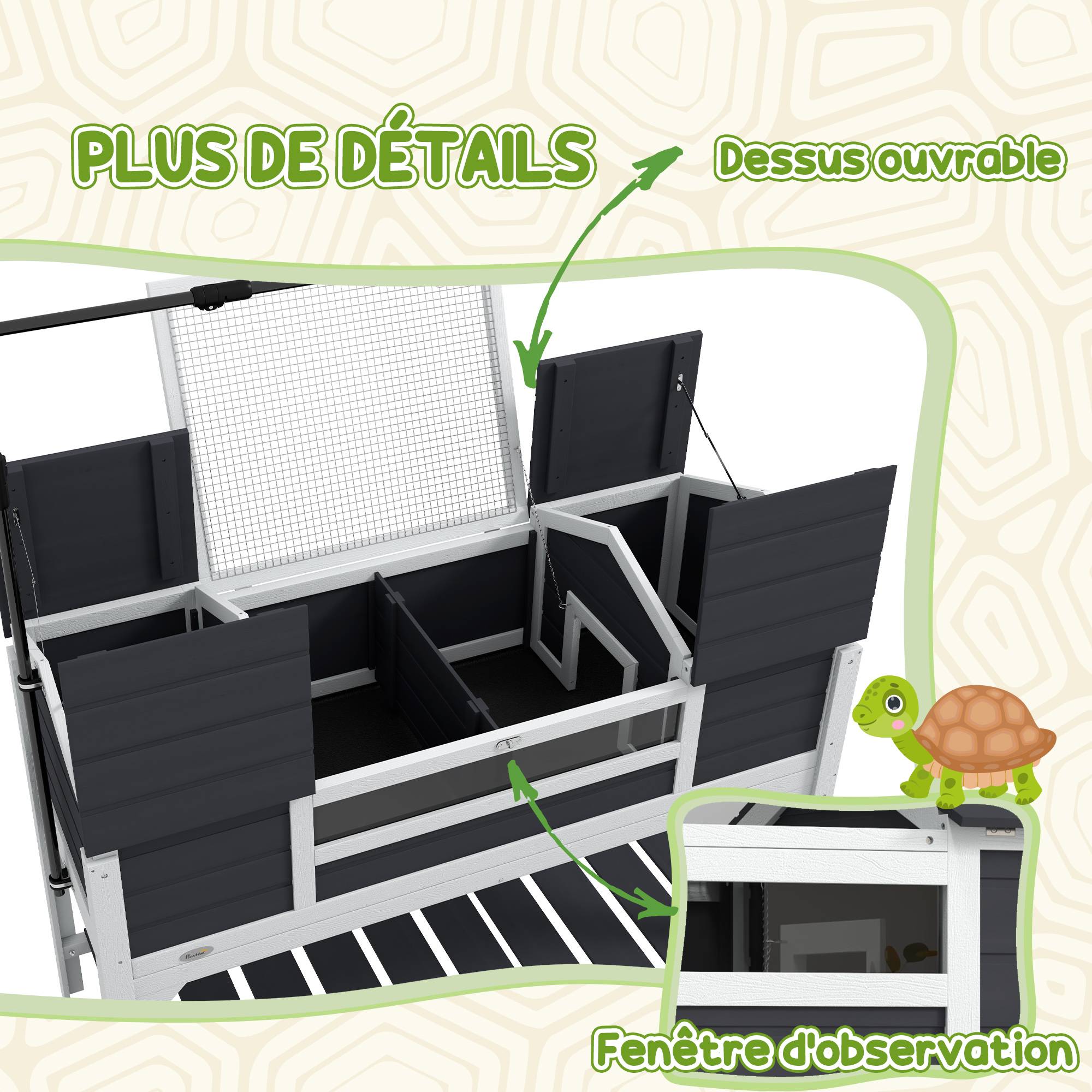 Maison tortue terrestre extérieure enclos tortue 2 niches support de lampe réglable bois massif 122 x 56,5 x 93 cm gris - Image 10