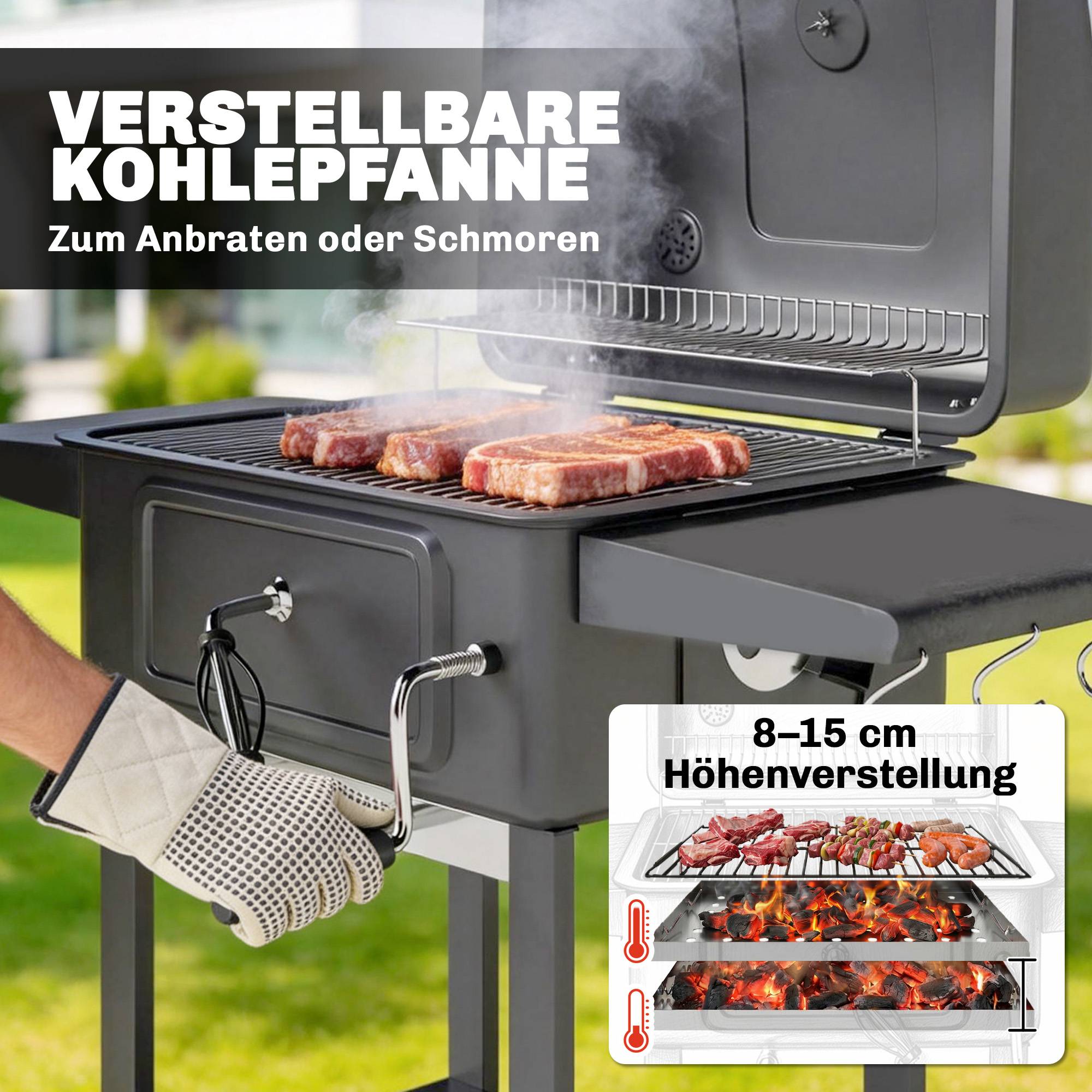 Fumoir BBQ charbon, couvercle, thermomètre, bac à charbon réglable, grille, table latérale, cendrier - Image 7