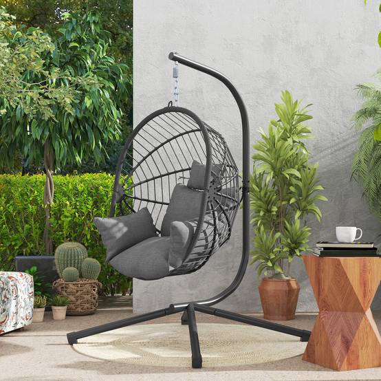 Chaise suspendue d’extérieur Chaise suspendue, incluant rembourrage, chaise à œufs, 120 cm x 106 cm x 188 cm, gris - Image 9