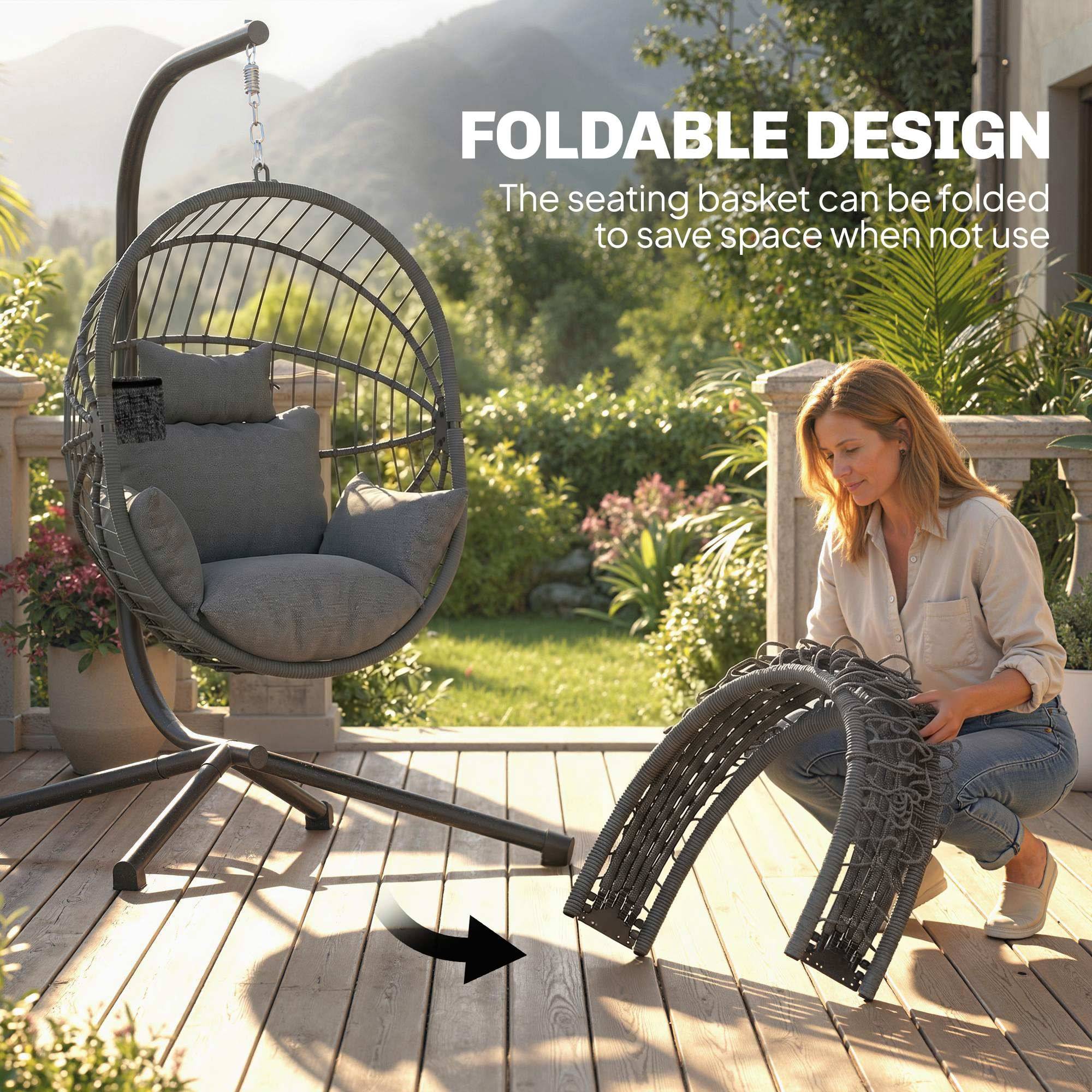 Chaise suspendue d’extérieur Chaise suspendue, incluant rembourrage, chaise à œufs, 120 cm x 106 cm x 188 cm, gris - Image 5