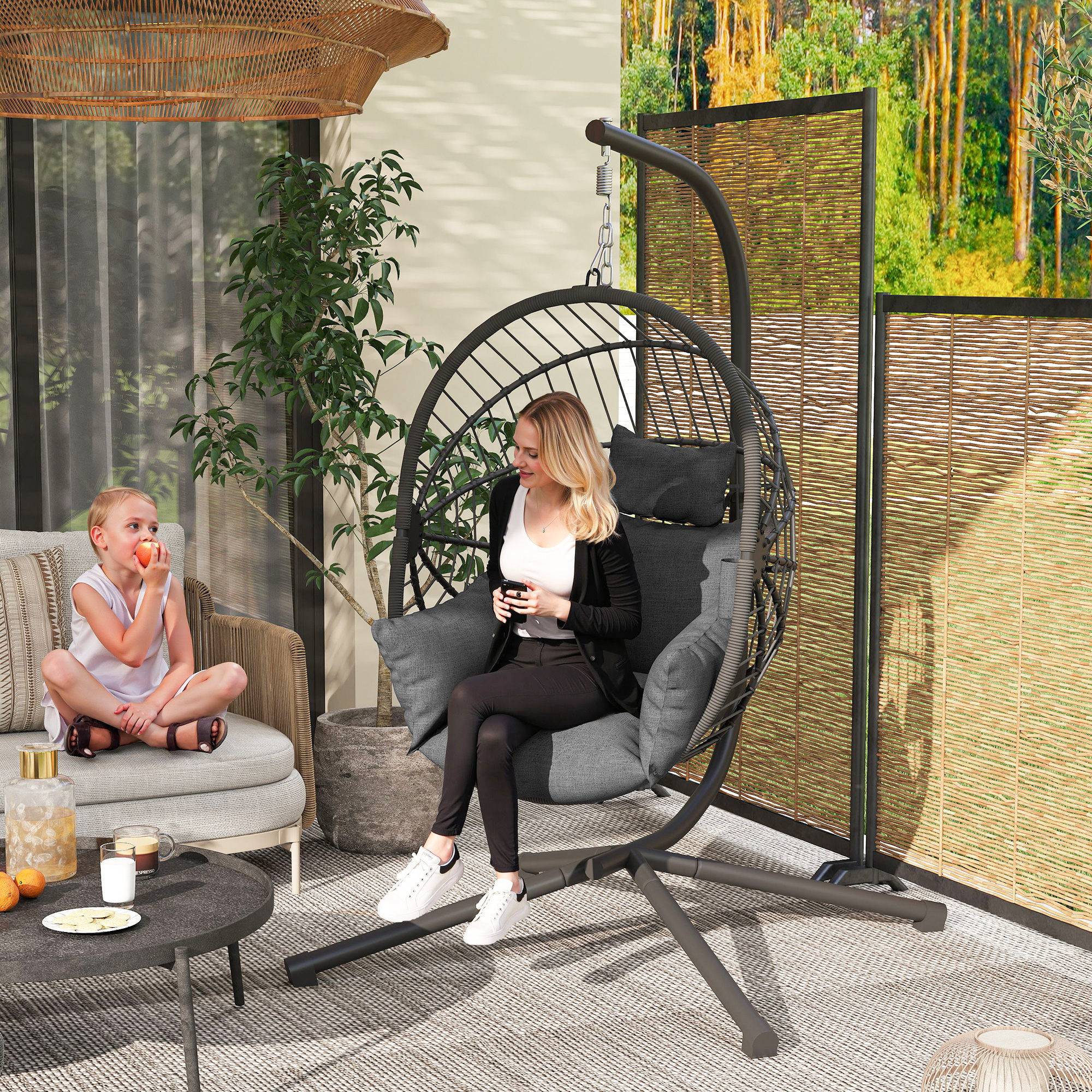 Chaise suspendue d’extérieur Chaise suspendue, incluant rembourrage, chaise à œufs, 120 cm x 106 cm x 188 cm, gris - Image 2