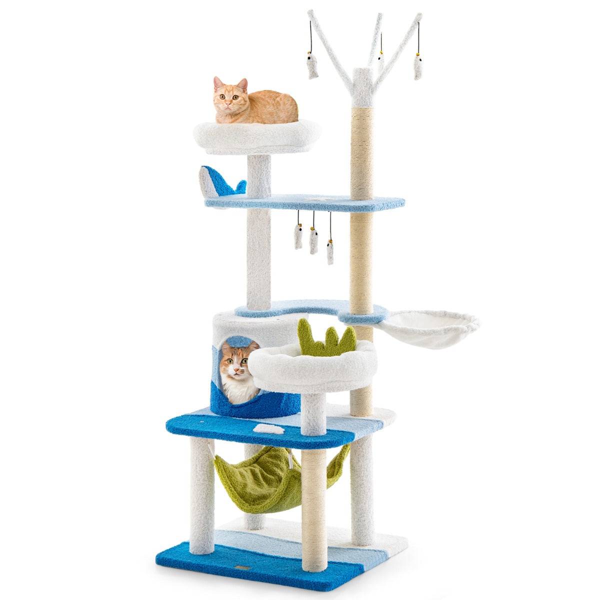 Helloshop26 - Arbre à chat sur le thème de l'océan tour à plusieurs niveaux griffoirs en sisal condo perchoir hamac plates-formes jouets suspendus 165 cm bleu - Image 1