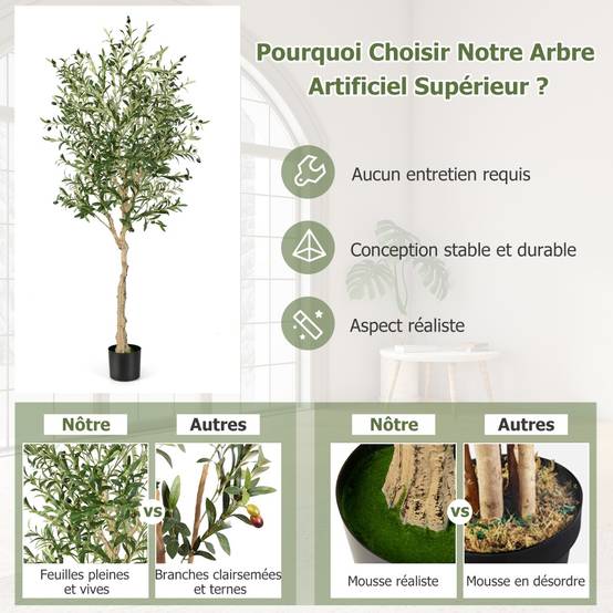Plantes Artificielles Fausse Olivier en Pot H-182 cm Feuilles en Soie Décoration pour Intérieur/Extérieur - Image 8