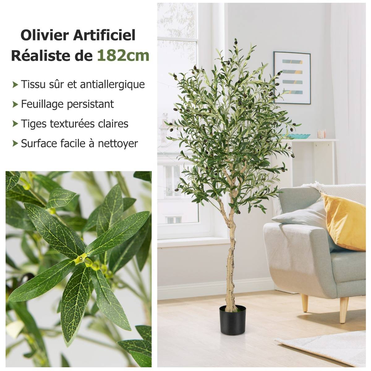 Plantes Artificielles Fausse Olivier en Pot H-182 cm Feuilles en Soie Décoration pour Intérieur/Extérieur - Image 7