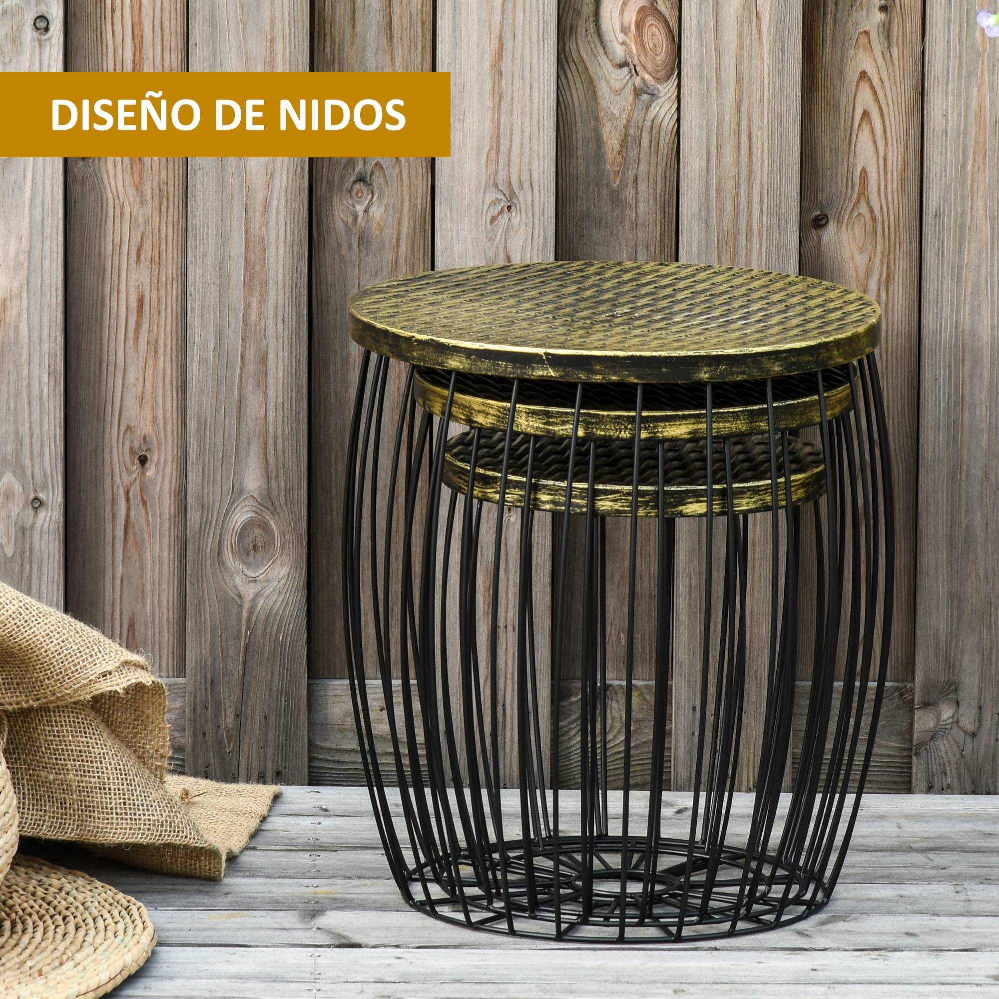 ComfortXL - Lot 3 tables d'appoint empilables métal rotin pour jardin rangement intégré noir - ComfortXL Outdoor Living - Image 6
