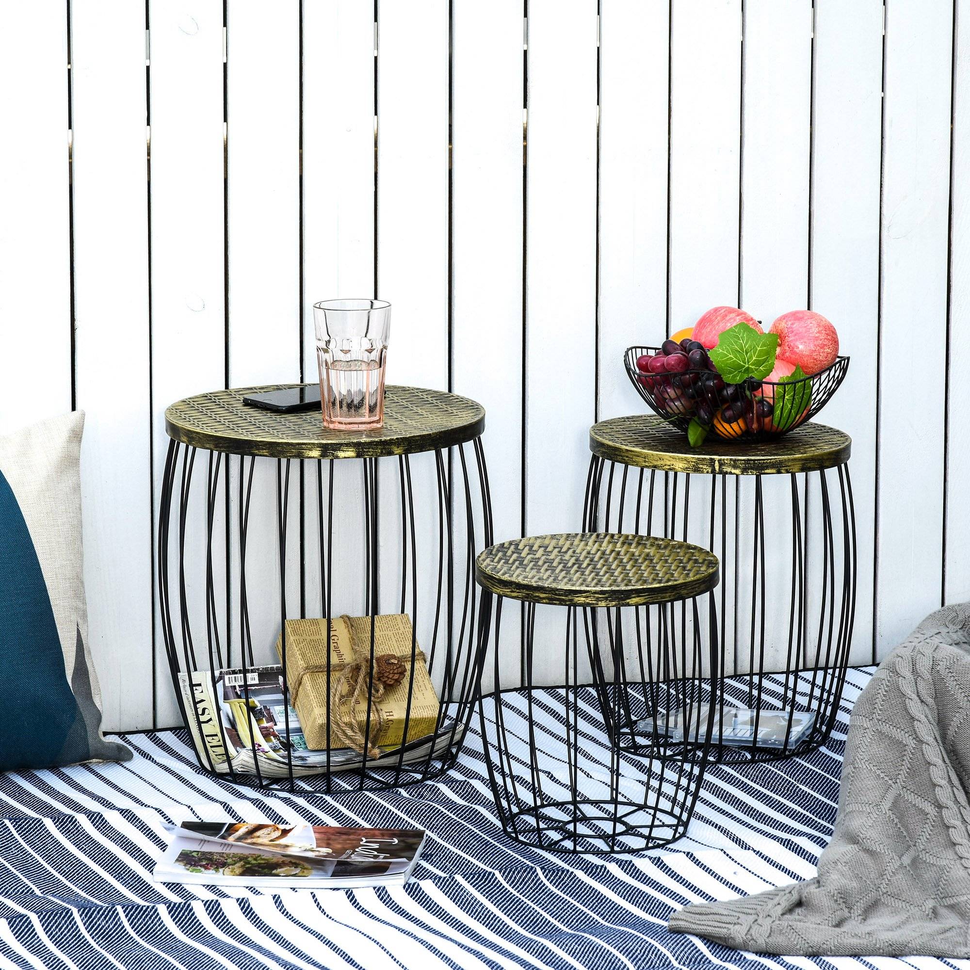 ComfortXL - Lot 3 tables d'appoint empilables métal rotin pour jardin rangement intégré noir - ComfortXL Outdoor Living - Image 4