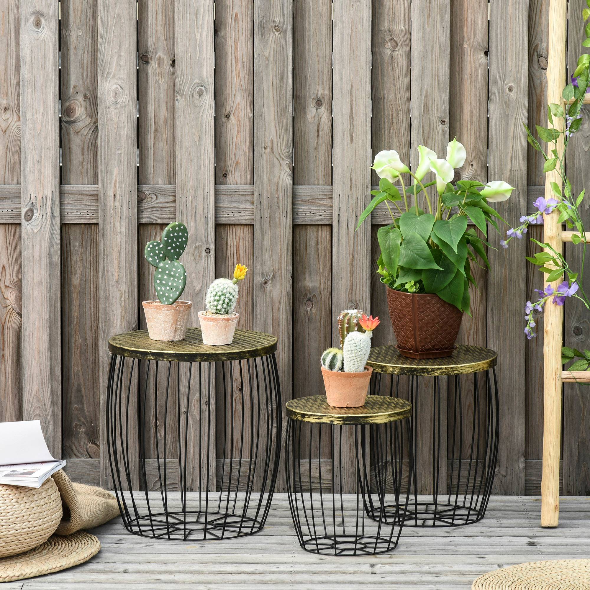 ComfortXL - Lot 3 tables d'appoint empilables métal rotin pour jardin rangement intégré noir - ComfortXL Outdoor Living - Image 3