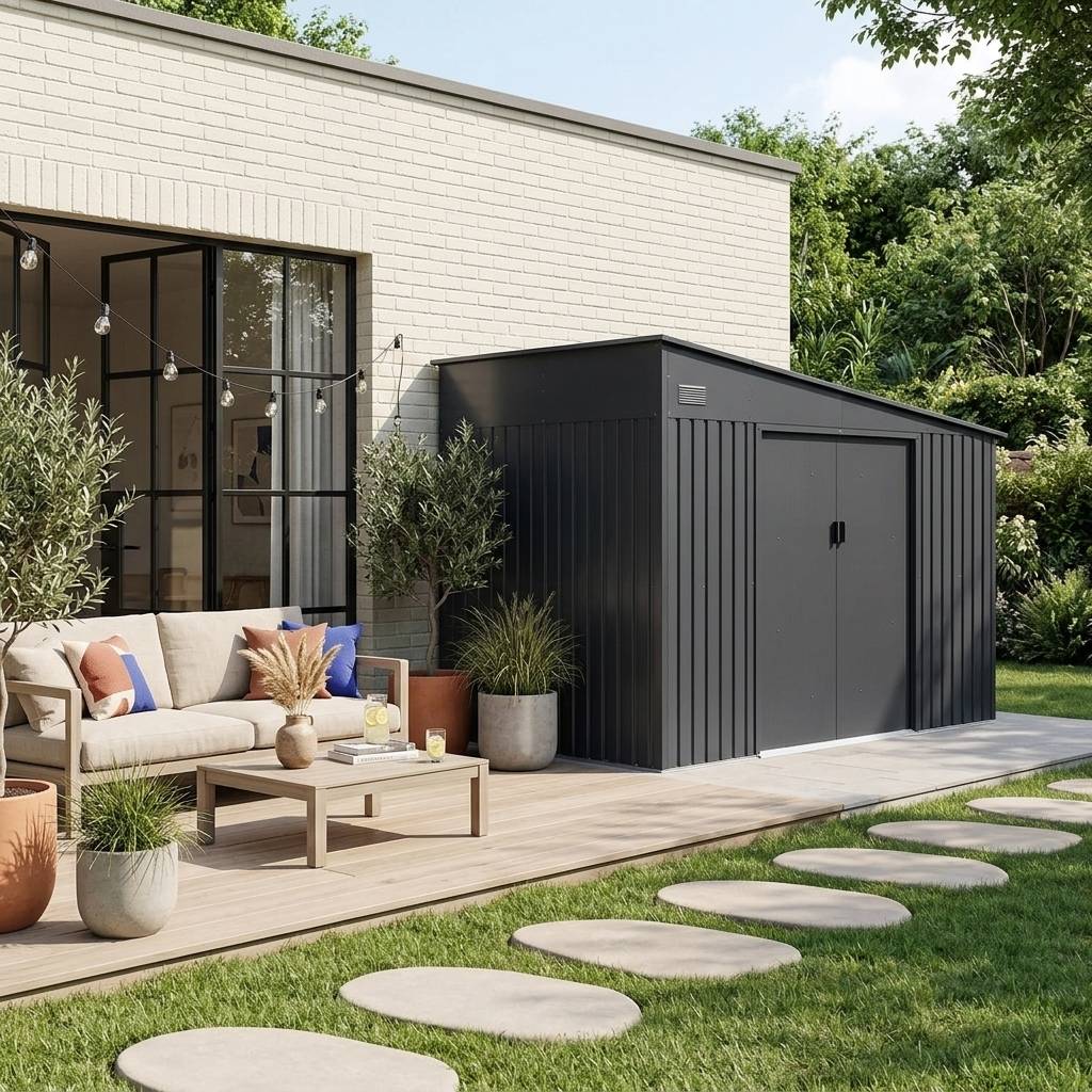 sweeek - Abri de jardin adossable acier galvanisé 11.01 m² avec kit d'ancrage anthracite - Santerre | sweeek - Image 1