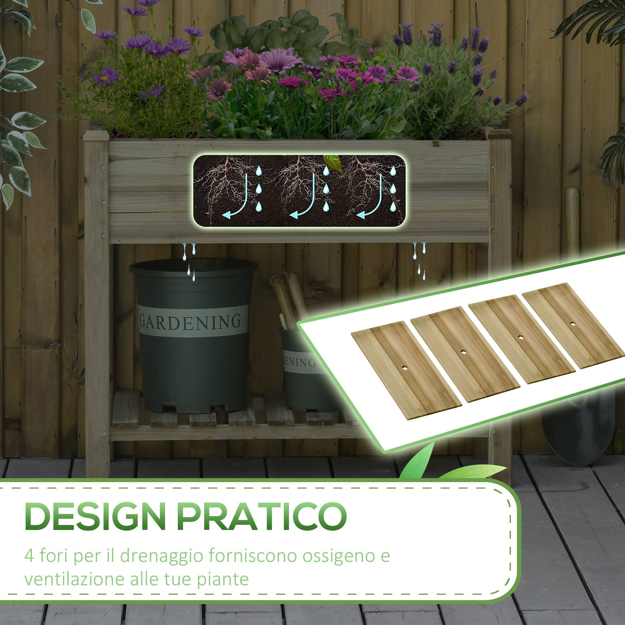 ComfortXL - Jardinière surélevée en bois de sapin 91 x 51 x 76 cm coloris naturel pour balcon et jardin avec étagère - Image 6