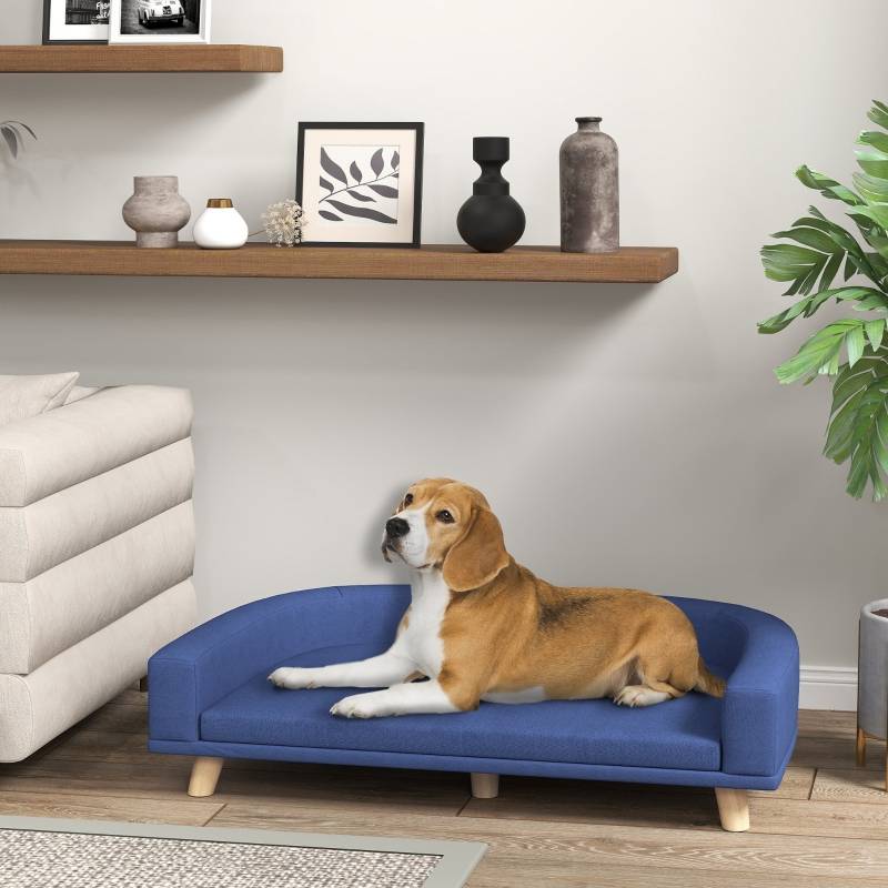 Canapé pour chien en bois d'eucalyptus, polyester bleu, 98 x 67 x 25 cm - PANGIVO - Image 2