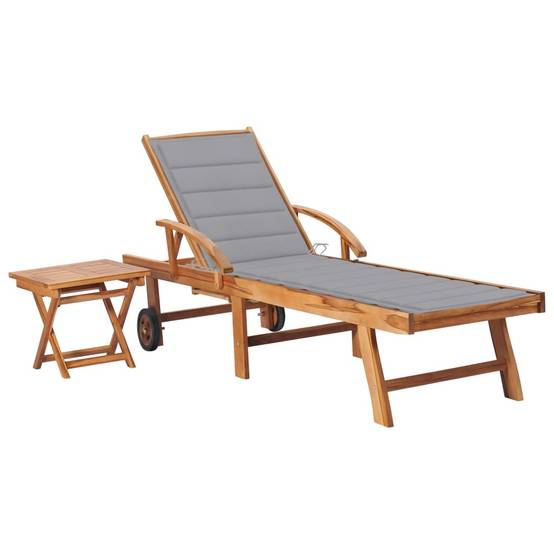 Chaise longue | Transat | Bain de soleil avec table et coussin Bois de teck solide - Image 2