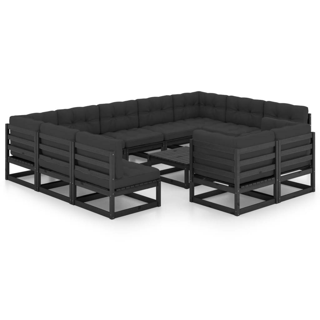 Helloshop26 - Salon de jardin meuble d'extérieur ensemble de mobilier 12 pièces avec coussins noir bois de pin massif - Image 2