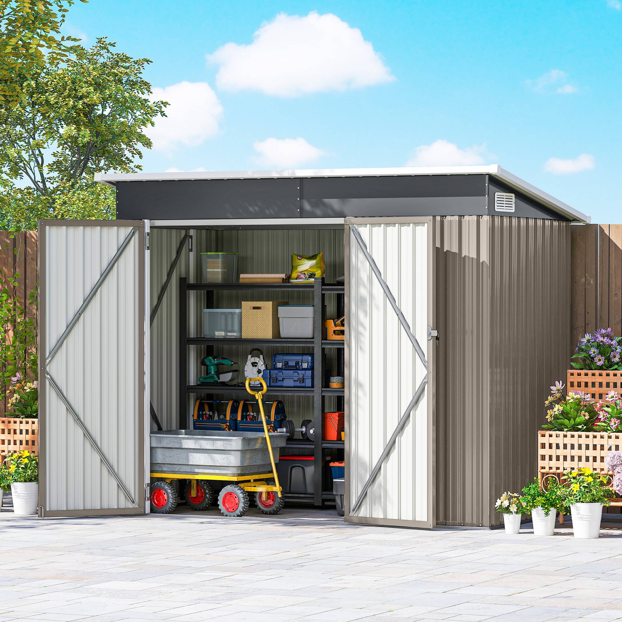 ComfortXL - Abri de jardin métal rangement extérieur 3 portes toit incliné 234x132x185cm gris - ComfortXL Outdoor Living - Image 4