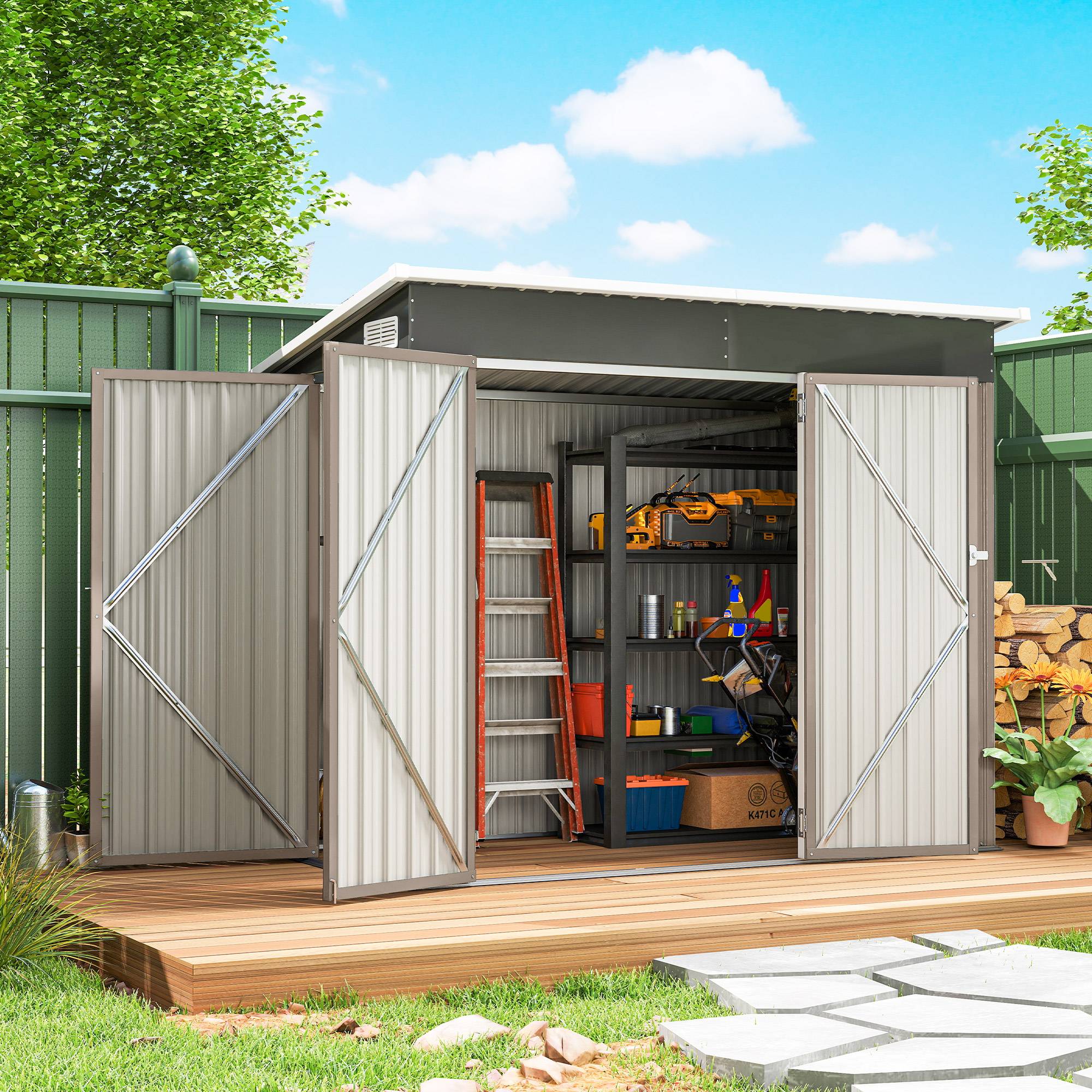 ComfortXL - Abri de jardin métal rangement extérieur 3 portes toit incliné 234x132x185cm gris - ComfortXL Outdoor Living - Image 3