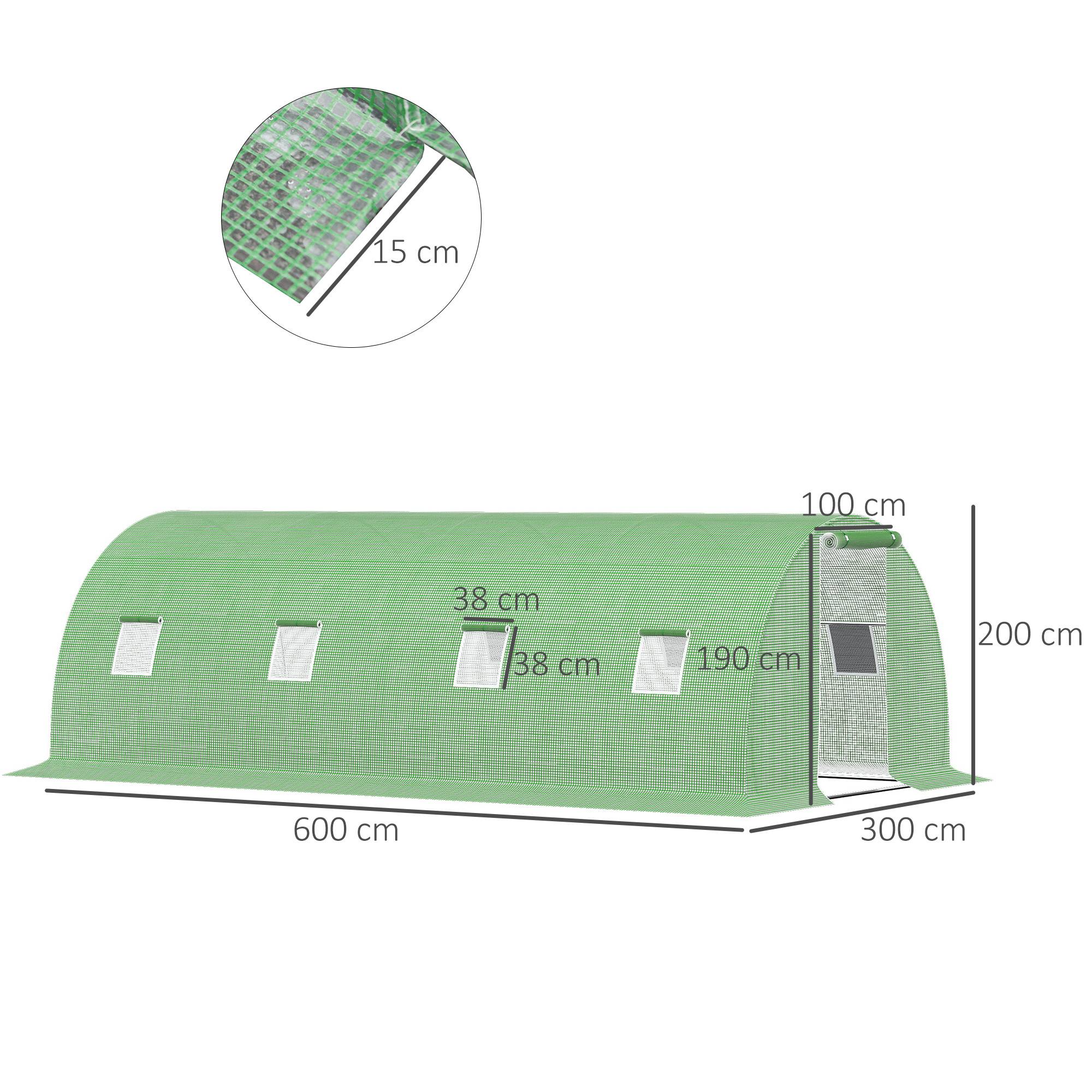 Sans Marque - Serre tunnel 18 m² 6 x 3 x 2 m 8 fenêtres porte enroulable zippée acier galvanisé bâche verte PE haute densité - Image 5