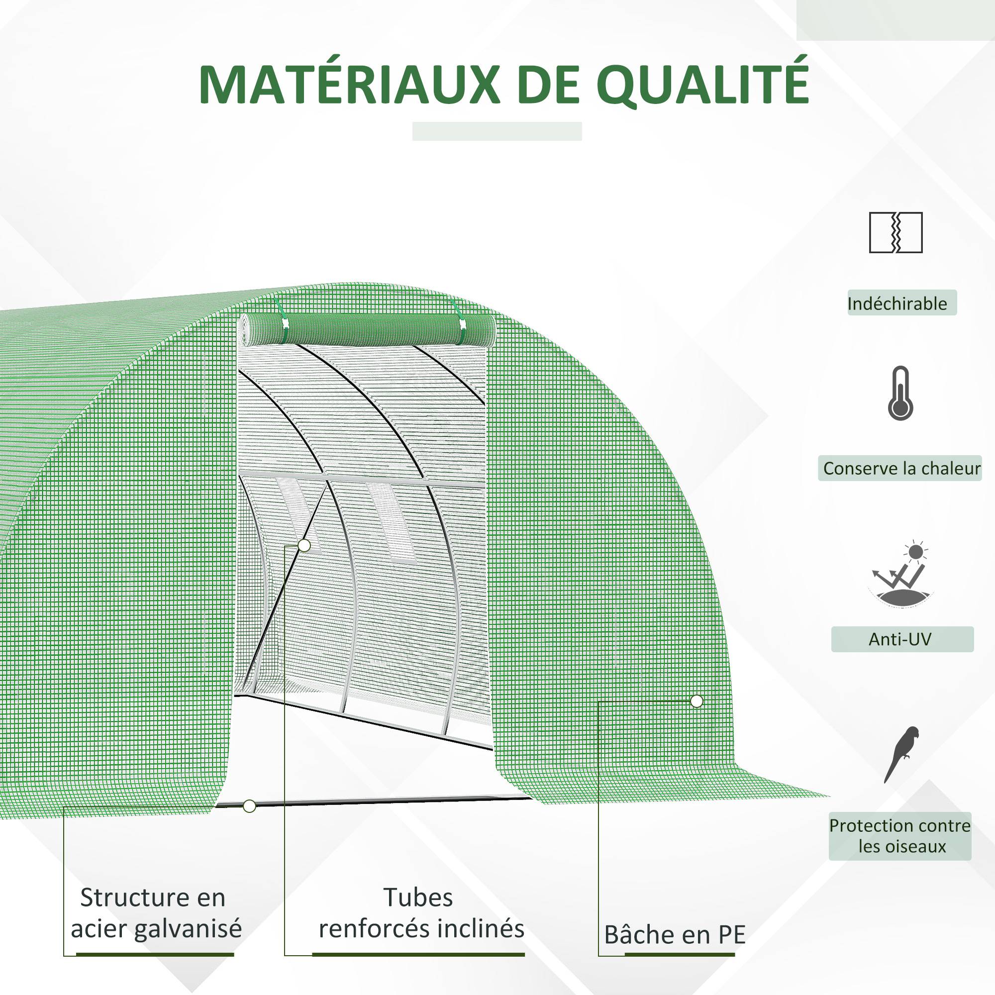 Sans Marque - Serre tunnel 18 m² 6 x 3 x 2 m 8 fenêtres porte enroulable zippée acier galvanisé bâche verte PE haute densité - Image 6
