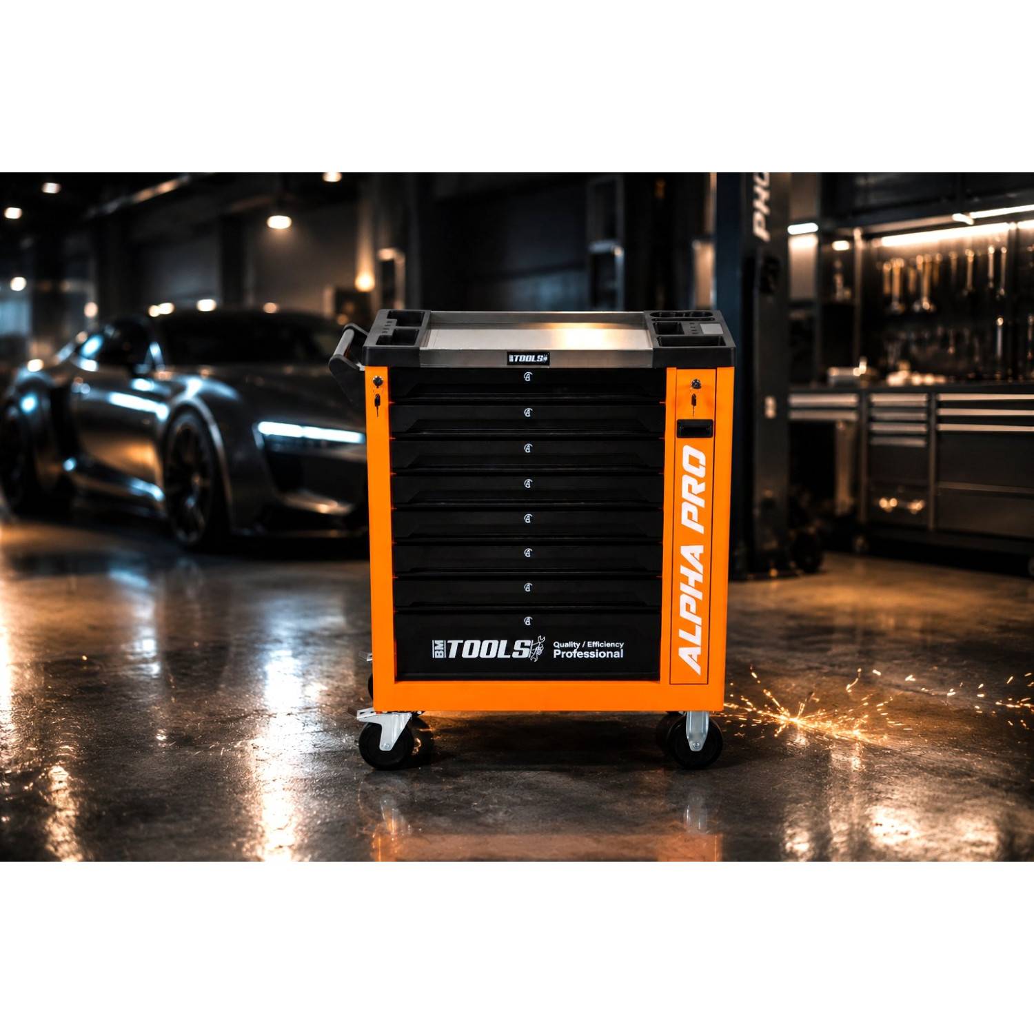 Servante d'Atelier Garage Automobile BM TOOLS ALPHA-PRO - 9 Tiroirs - 311 OUTILS, 4 roues, 2 freins, Chariot MECANICIEN - Orange - Image 3