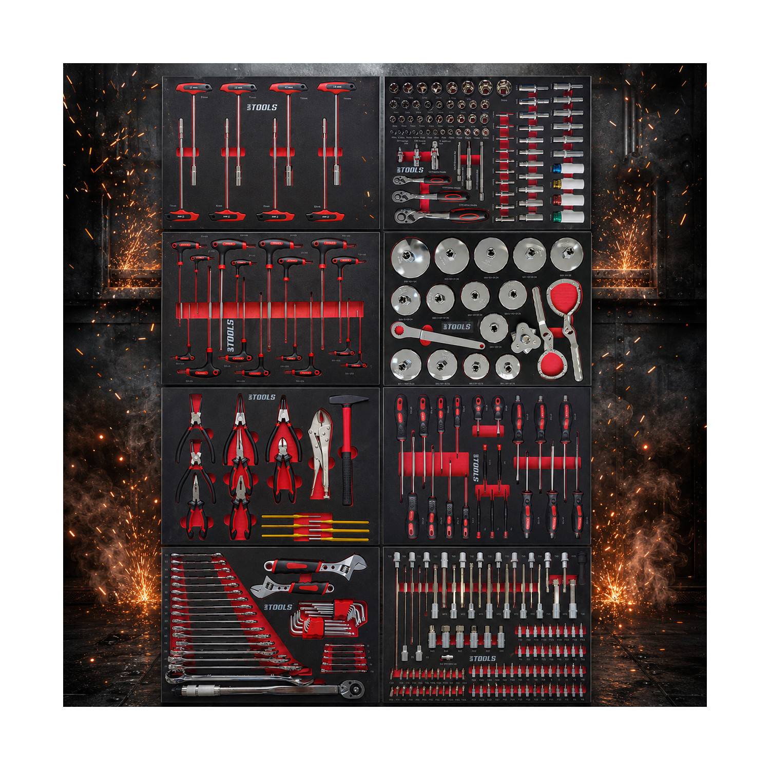 Servante d'Atelier Garage Automobile BM TOOLS ALPHA-PRO - 9 Tiroirs - 311 OUTILS, 4 roues, 2 freins, Chariot MECANICIEN - Orange - Image 4
