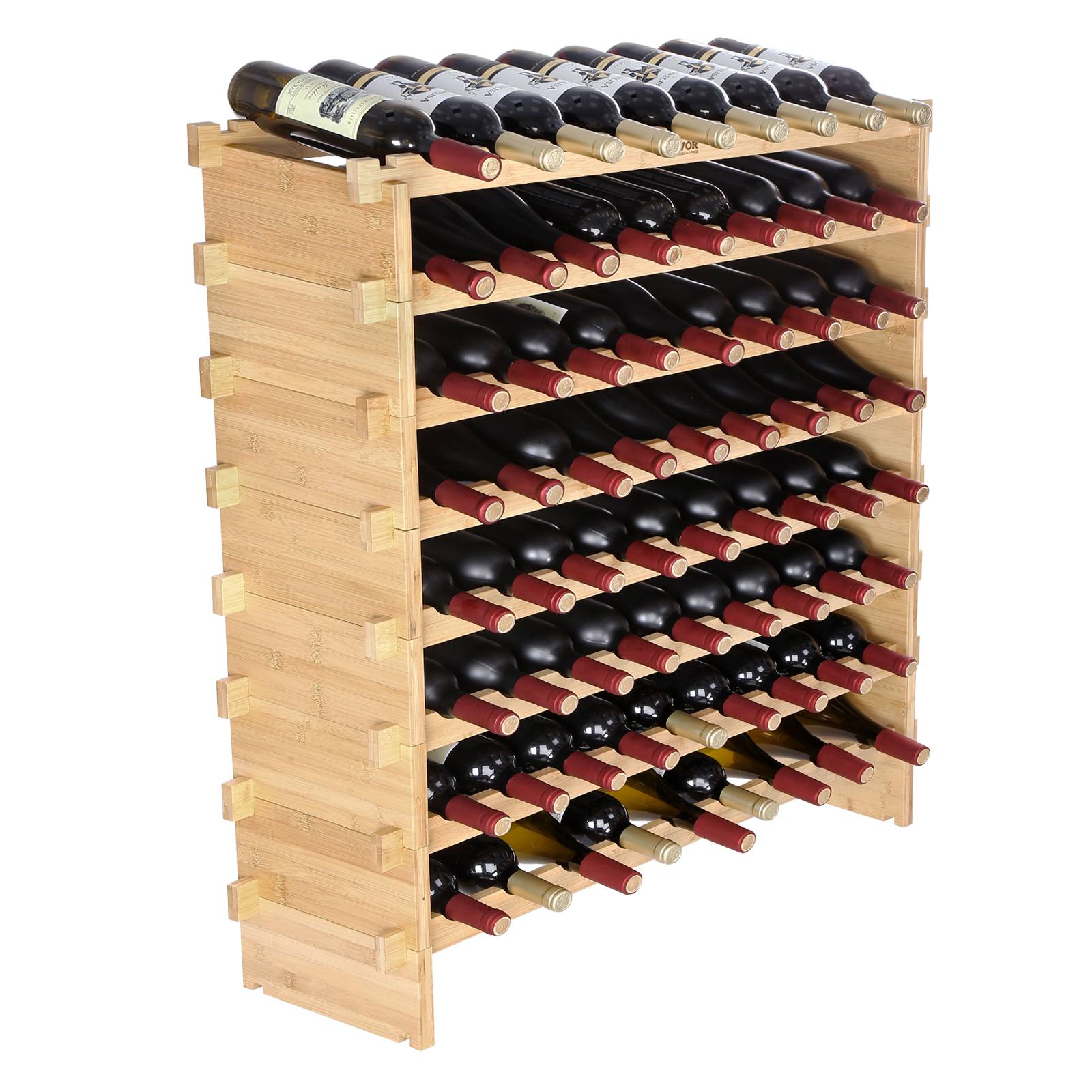 VEVOR Étagère modulable 72 bouteilles, 8 niveaux. Bambou naturel, empilable. Pour cave, cuisine, bar.