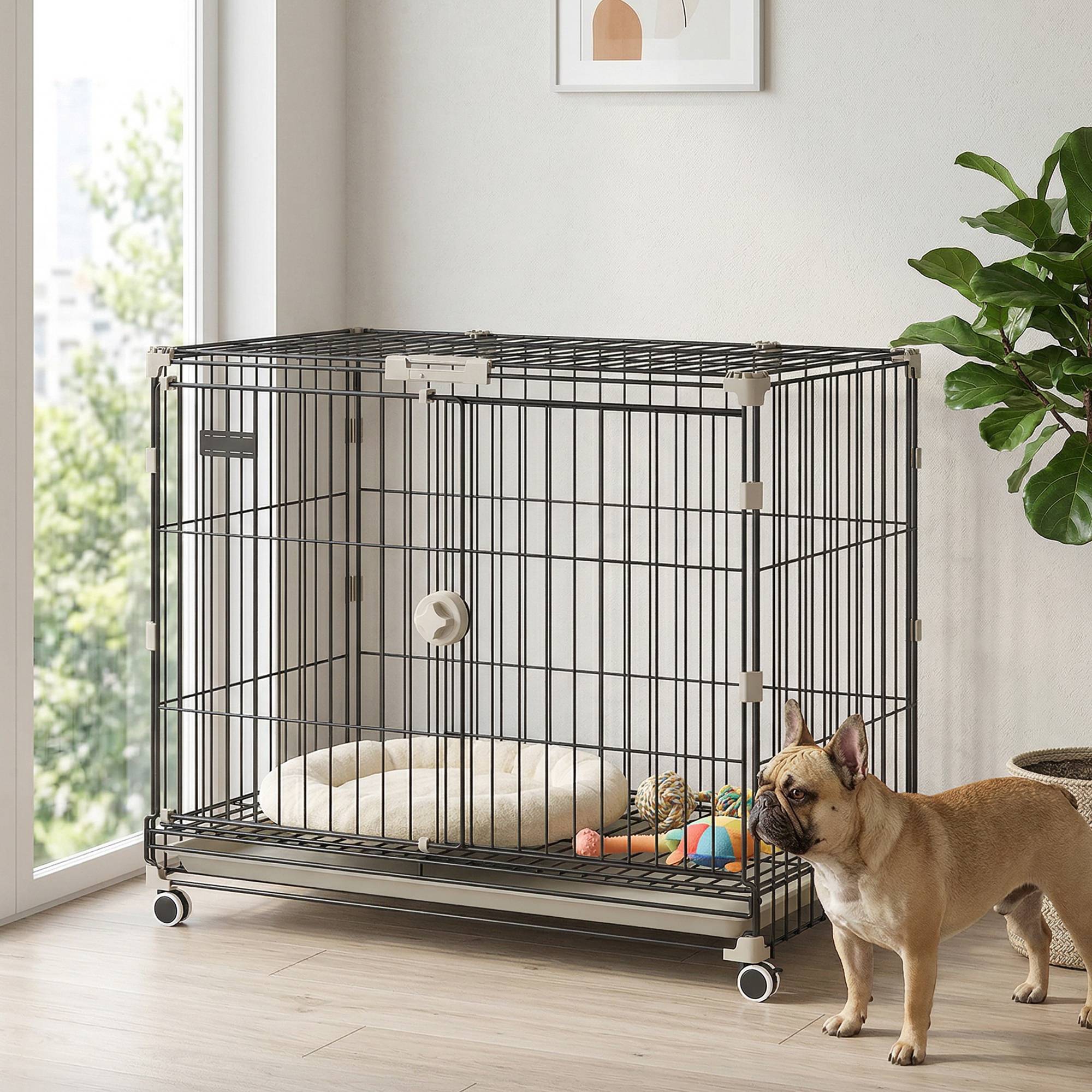 Sans Marque - Cage pour Chien, Plateau Amovible, Roues avec Freins, Toit Ouvrant Verrouillable, 75,5x46x64,5cm, Noir - Image 10