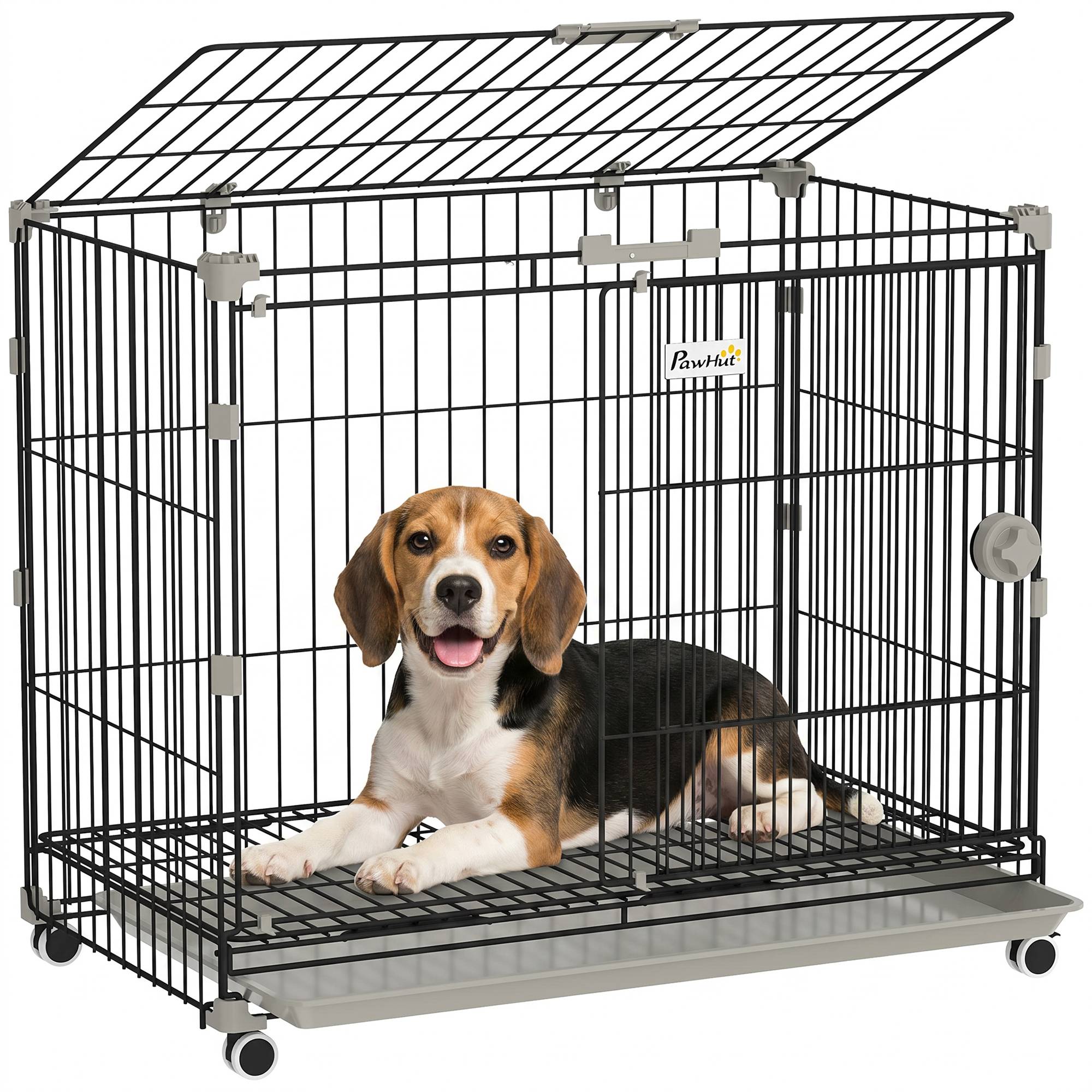 Sans Marque - Cage pour Chien, Plateau Amovible, Roues avec Freins, Toit Ouvrant Verrouillable, 75,5x46x64,5cm, Noir - Image 1