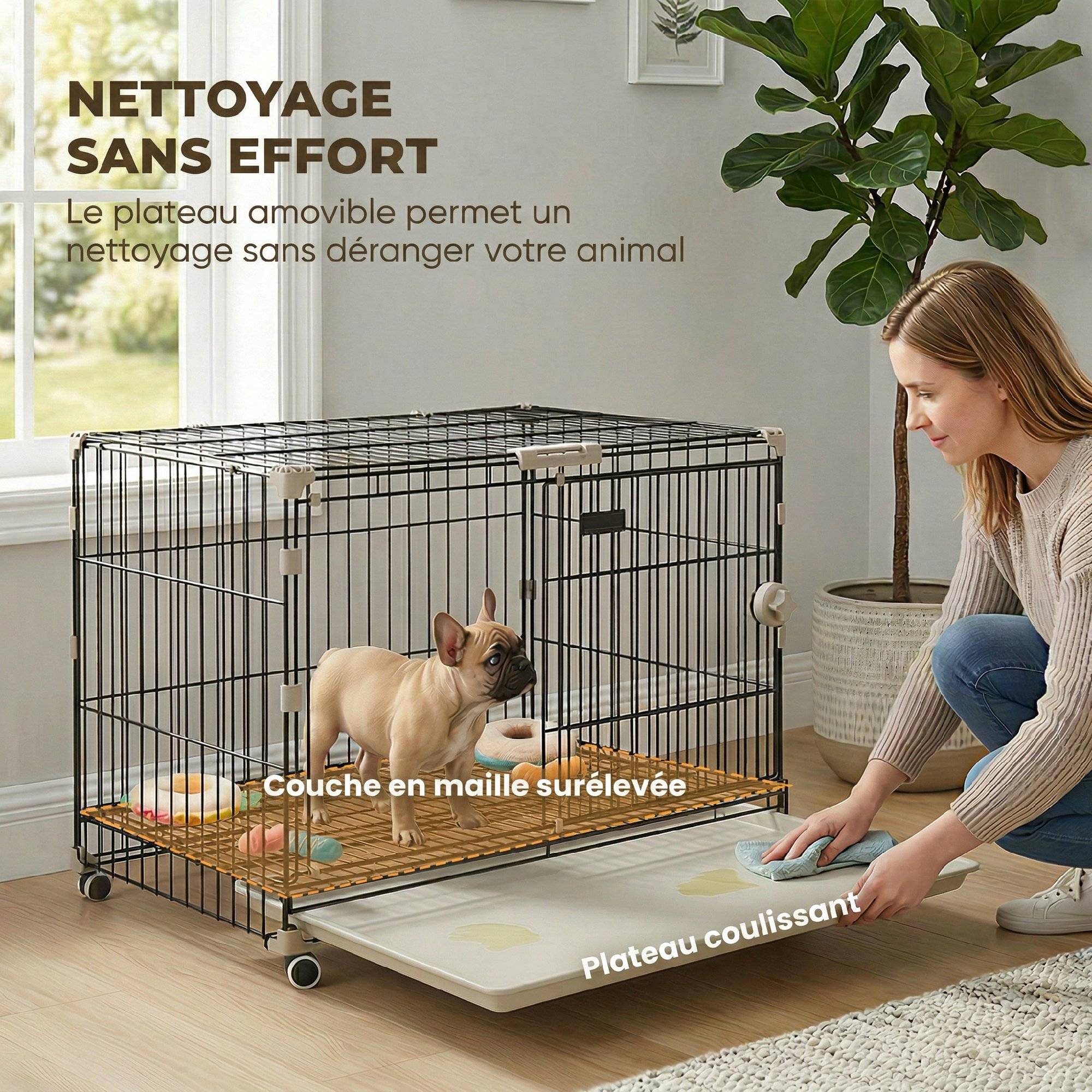 Sans Marque - Cage pour Chien, Plateau Amovible, Roues avec Freins, Toit Ouvrant Verrouillable, 75,5x46x64,5cm, Noir - Image 9