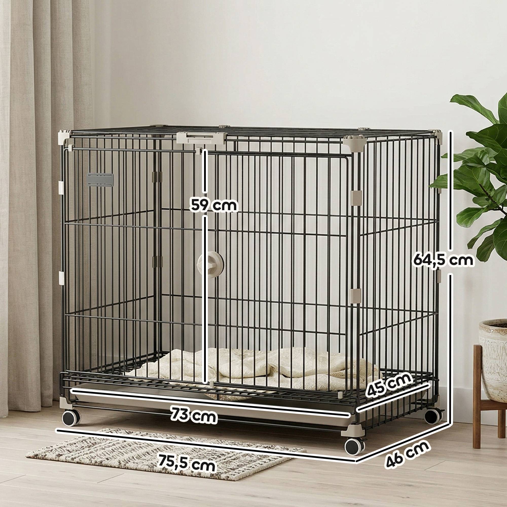 Sans Marque - Cage pour Chien, Plateau Amovible, Roues avec Freins, Toit Ouvrant Verrouillable, 75,5x46x64,5cm, Noir - Image 5