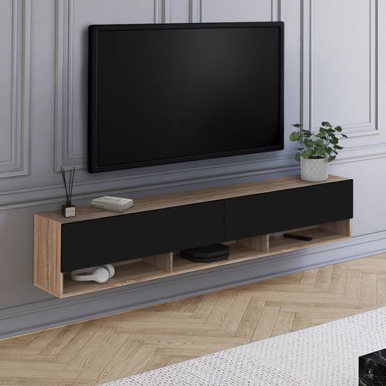 Meuble TV 180 cm suspendu ELIO 2 portes avec étagère bois et noir - Image 1