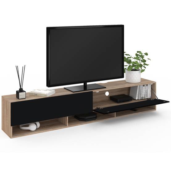 Meuble TV 180 cm suspendu ELIO 2 portes avec étagère bois et noir - Image 4