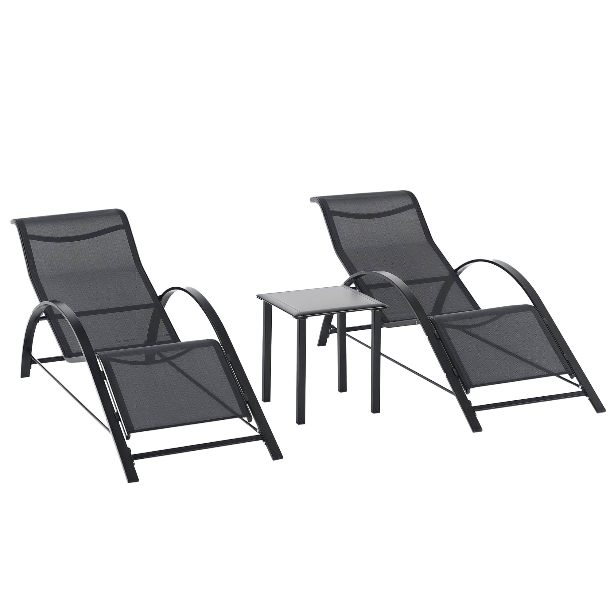 Ensemble de 2 chaises longues et table avec étagère, en tissu respirant et métal, 59 x 169 x 66 cm, noir - Image 1
