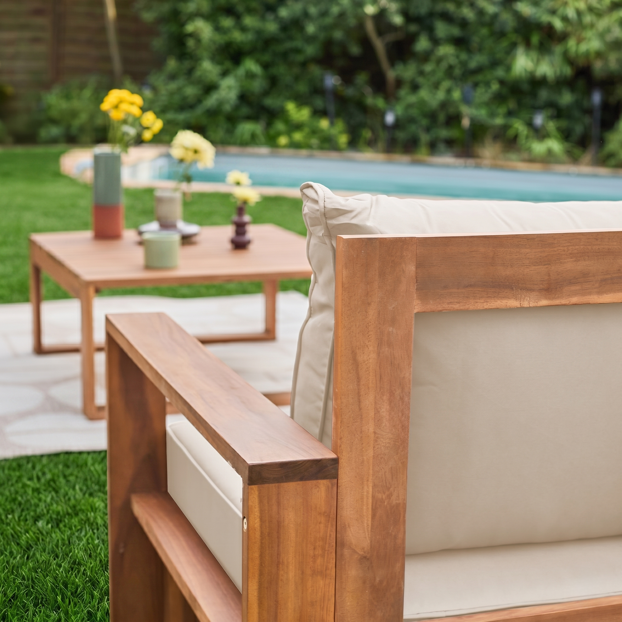 sweeek - Salon de jardin en bois 5 places - Mendoza - Coussins beige. acacia. 6 éléments modulables. design | sweeek - Image 3