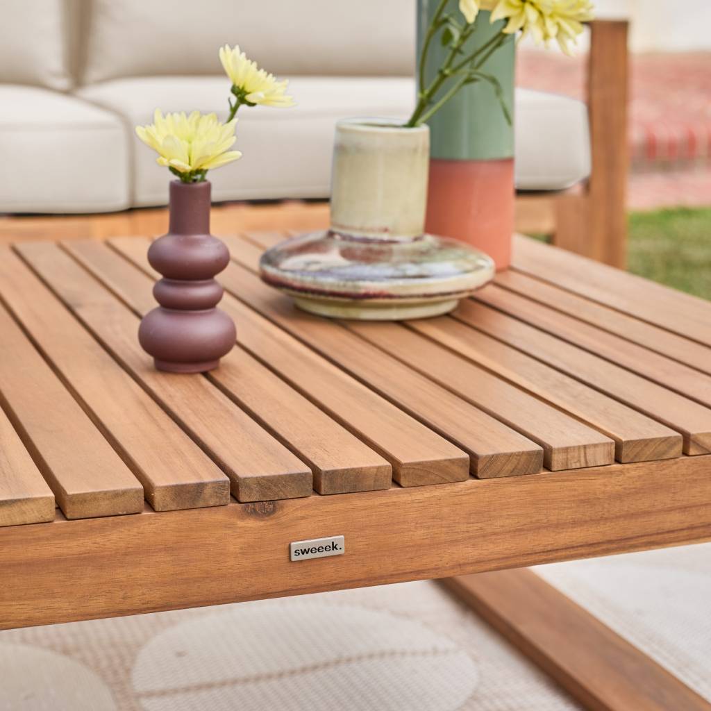 sweeek - Salon de jardin en bois 5 places - Mendoza - Coussins beige. acacia. 6 éléments modulables. design | sweeek - Image 1