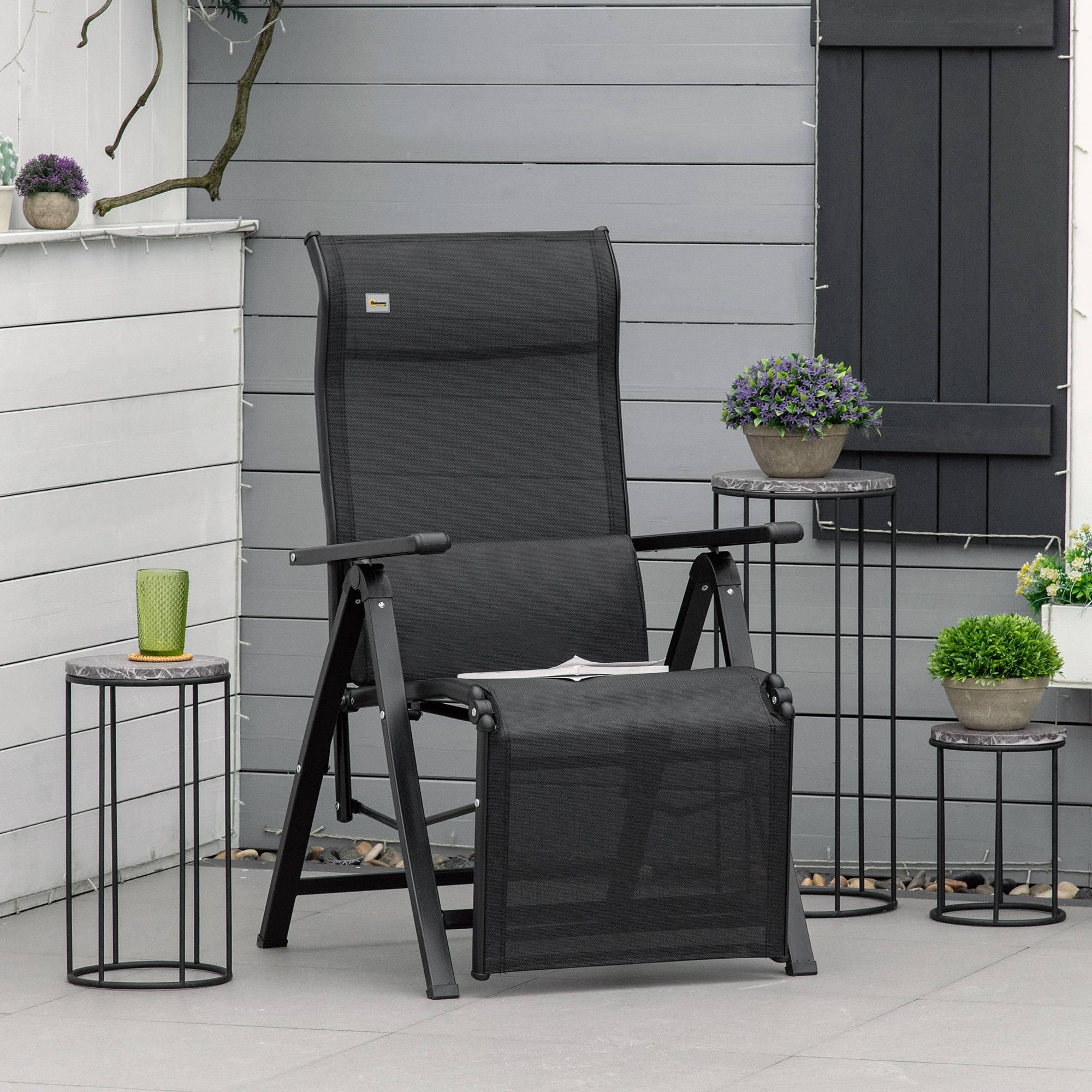 Outsunny - Chaise longue inclinable avec dossier réglable sur 9 positions, coussin lombaire - textilène - 70 x 65 x 111 cm - noir - Outsunny - Image 6