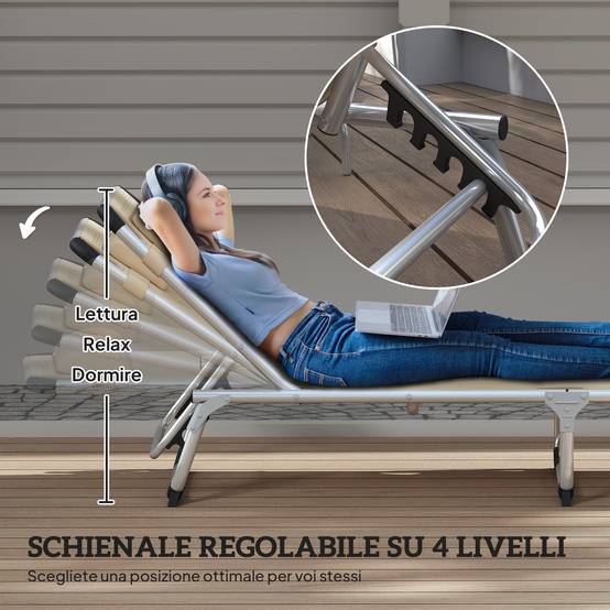 Chaise longue pliante en aluminium avec appui-tête et dossier réglables, 60 x 165 x 76 cm, beige - Image 6