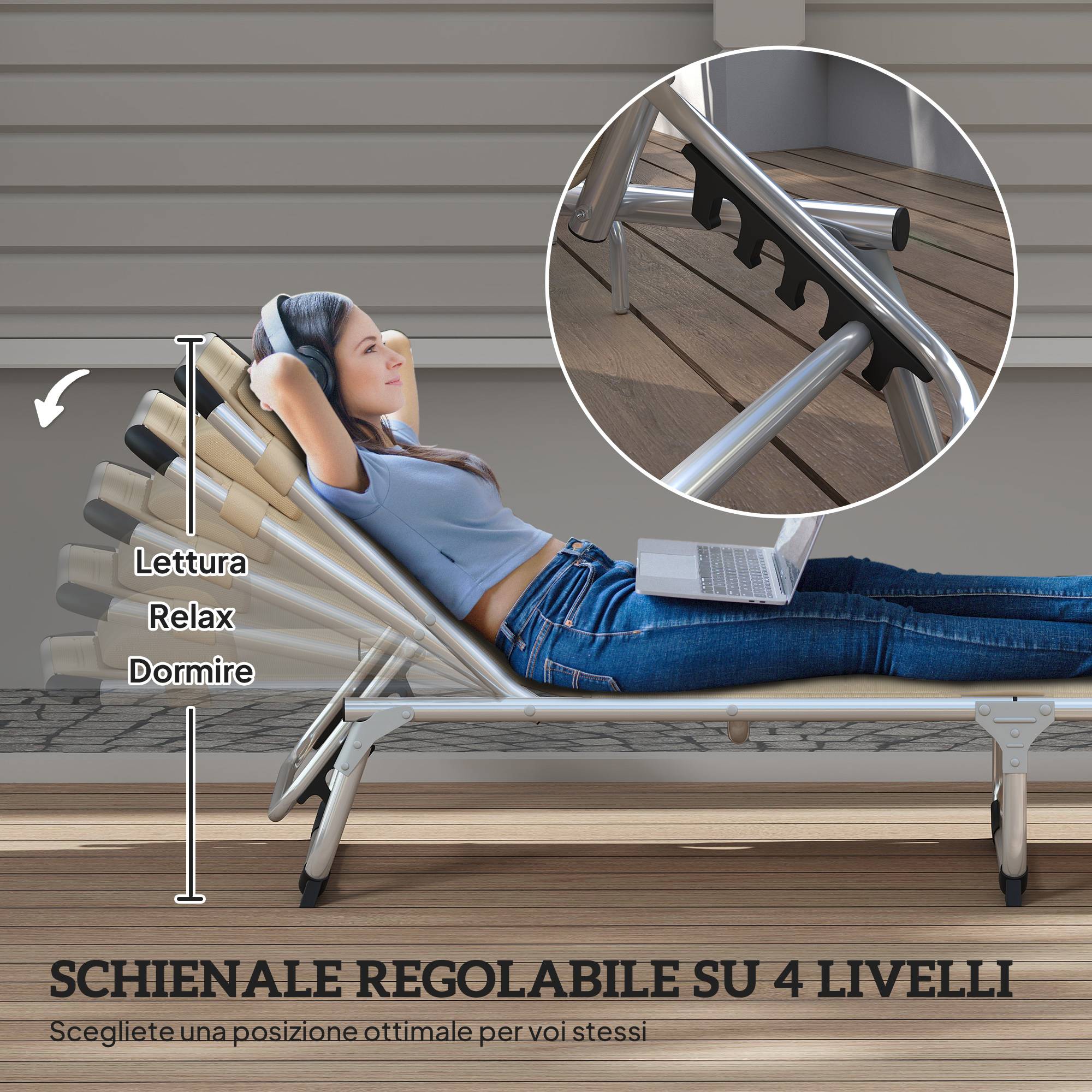 Chaise longue pliante en aluminium avec appui-tête et dossier réglables, 60 x 165 x 76 cm, beige - Image 6