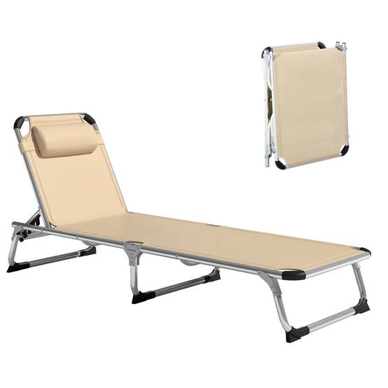 Chaise longue pliante en aluminium avec appui-tête et dossier réglables, 60 x 165 x 76 cm, beige - Image 1