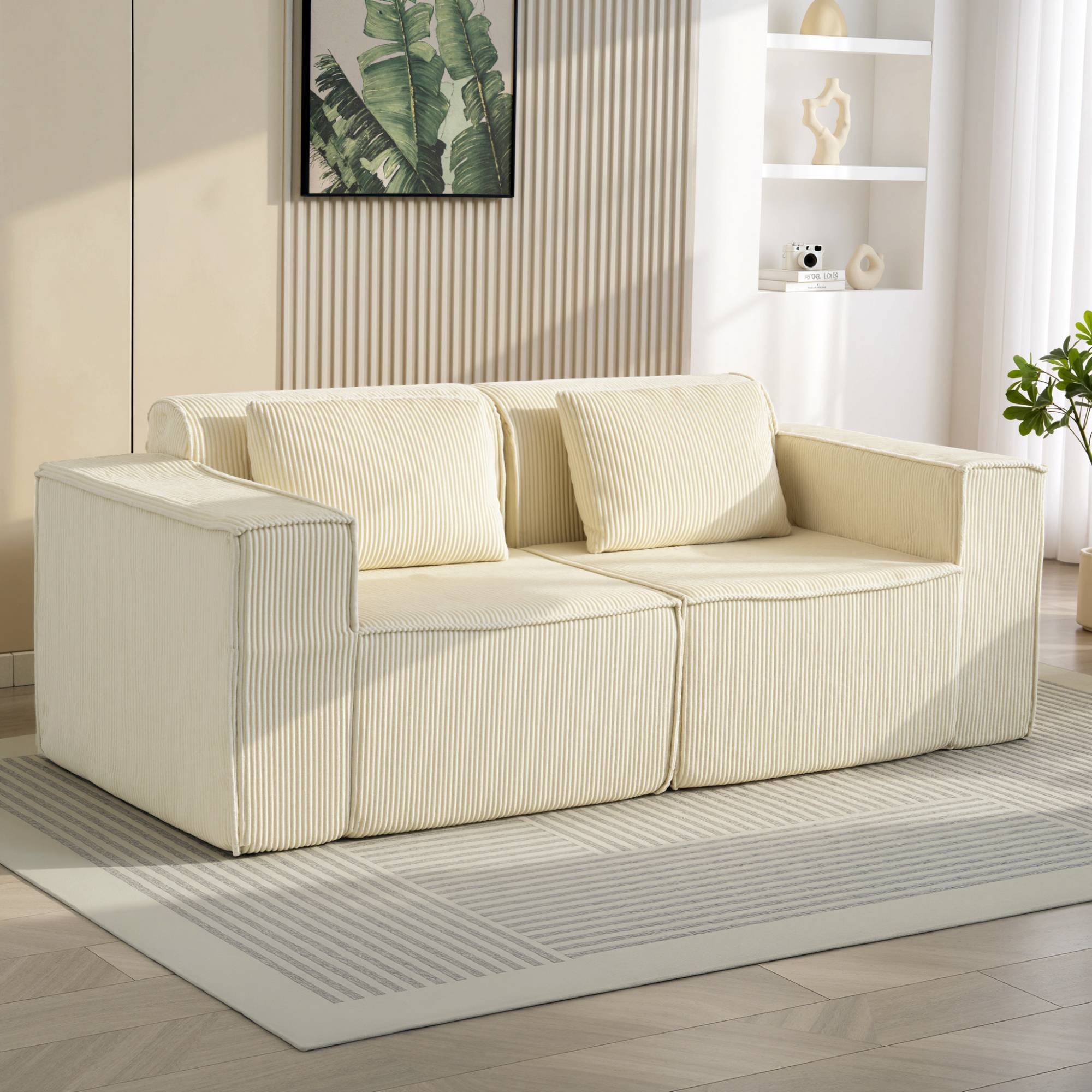 Canapé 3 places en velours côtelé, canapé rembourré, larges accoudoirs, 2 coussins, pas de montage, 202x90x76cm, beige - Image 4