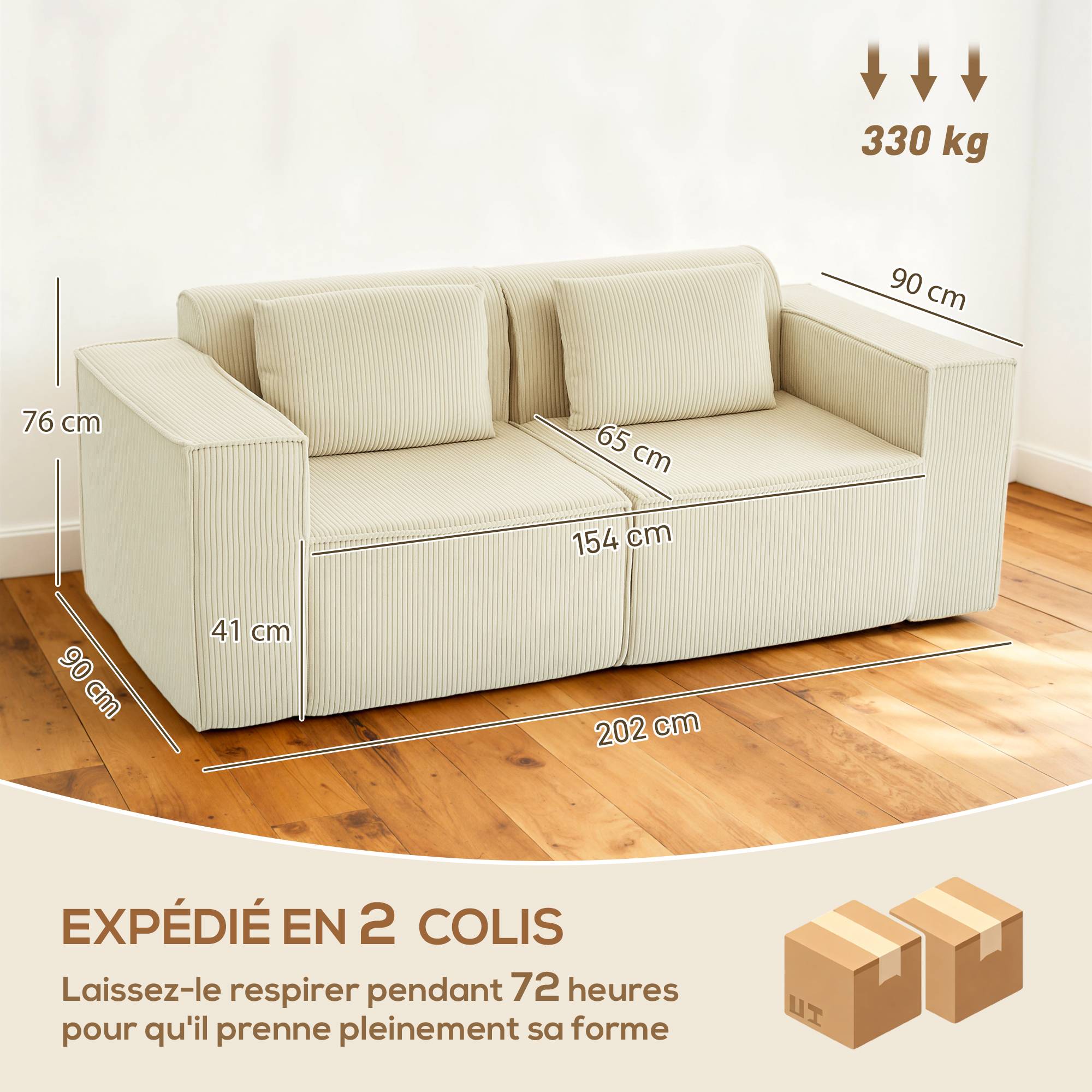 Canapé 3 places en velours côtelé, canapé rembourré, larges accoudoirs, 2 coussins, pas de montage, 202x90x76cm, beige - Image 5